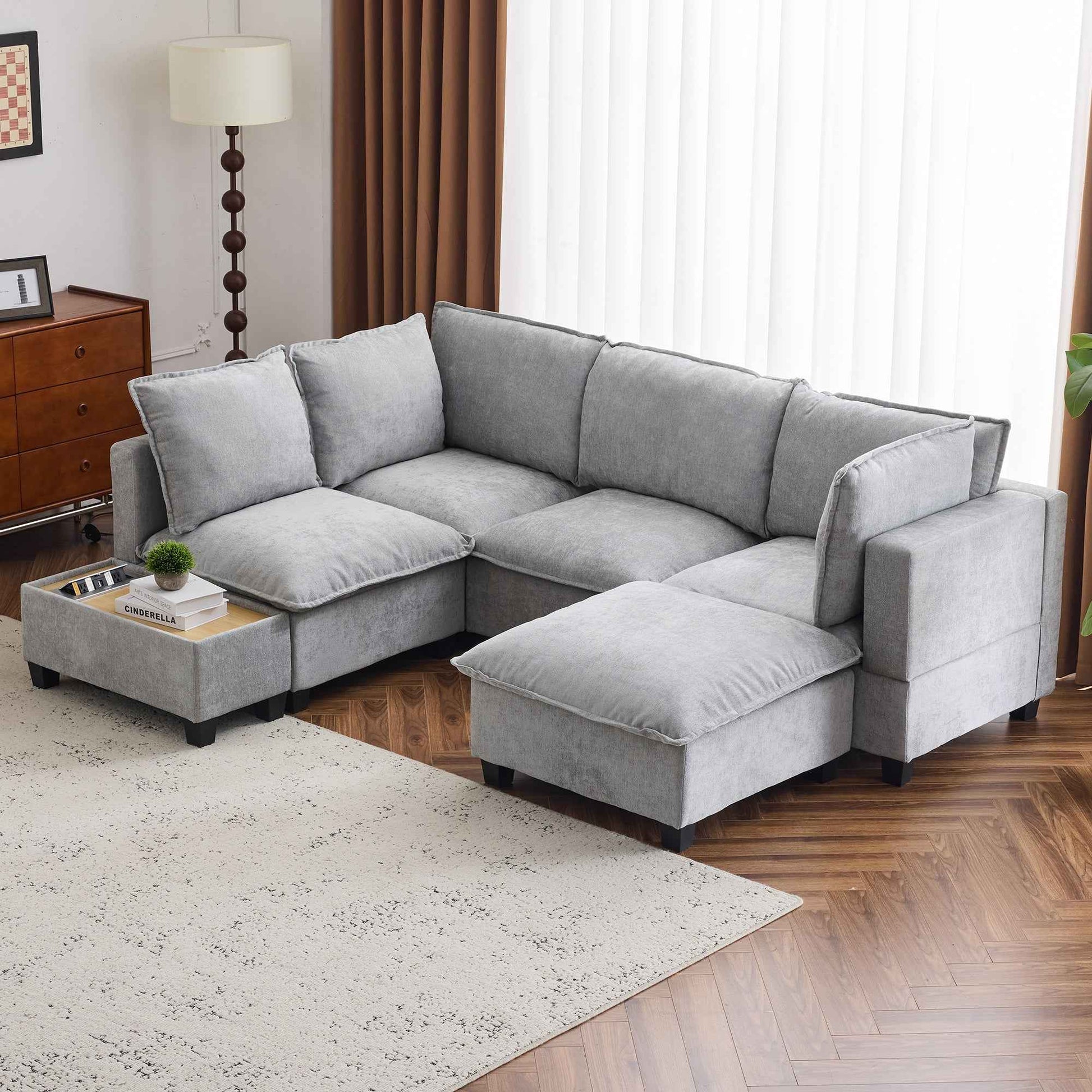 Modular 90' U-shaped Sectional Sofa with Movable Ottoman and Hidden Charging Coffee Table, Grey, Chenille