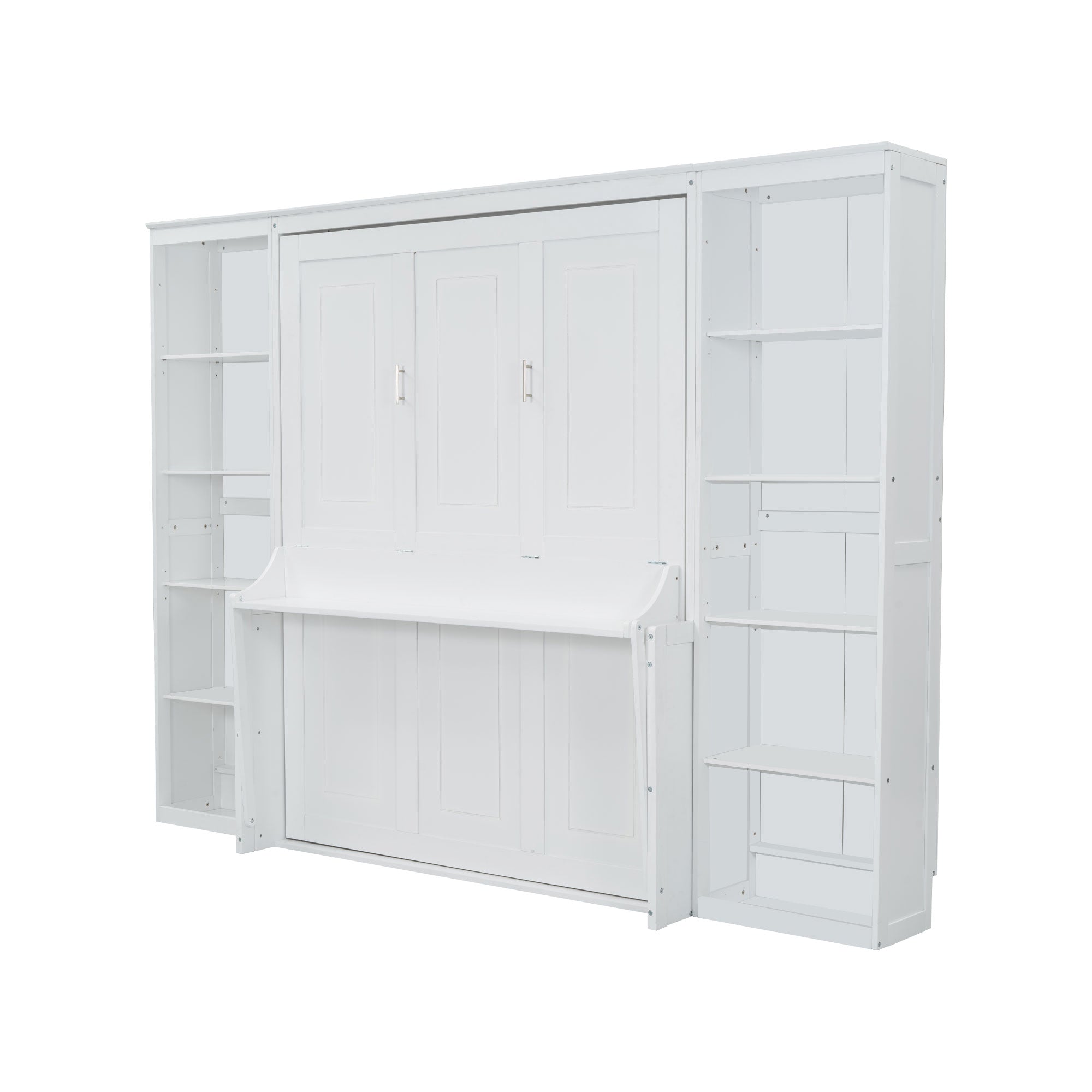 White Queen Size Murphy Bed with Desk and Bookshelf, Pine Wood + MDF, 116.9''L x 84.6''W x 86.8''H