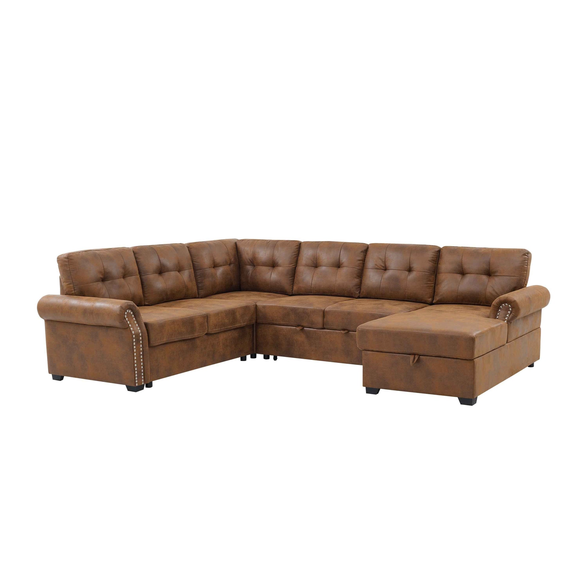 Faux Leather Fabric U-Shape Sectional Sleeper Sofa (Pull-Out Bed) With Storage Chaise