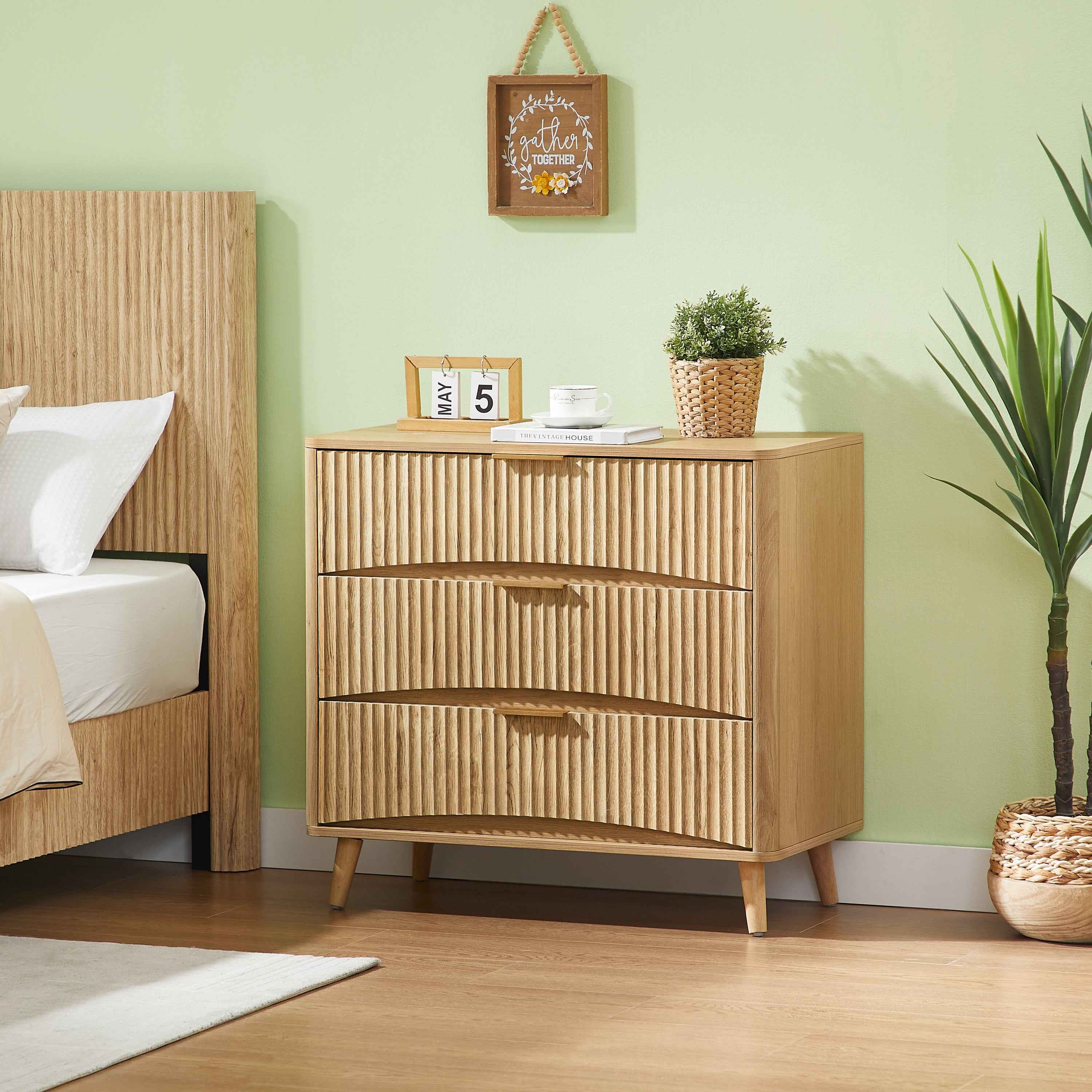 Fluted 3 Drawer Dresser Set of 2, Modern Tall Chest of Drawers with Vertical Grooved Design, Wood Storage Cabinet with Metal Handles for Bedroom Living Room, Oak. (23.6'W x 15'D x 30'H).