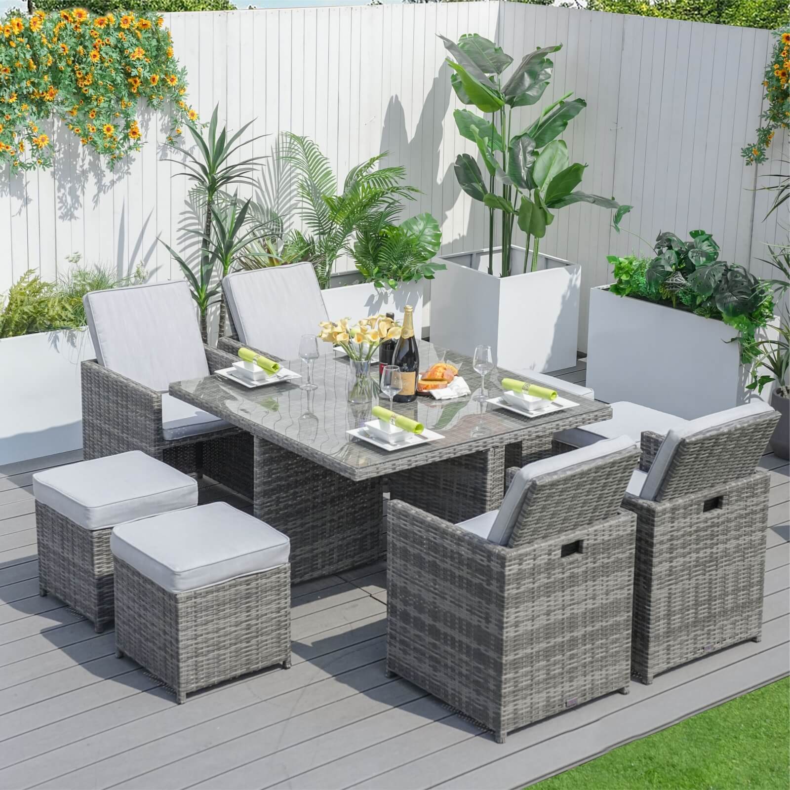 8-Seat Outdoor Dining Set with Cube Table and Ottomans (PAD-3233B) - Abrihome