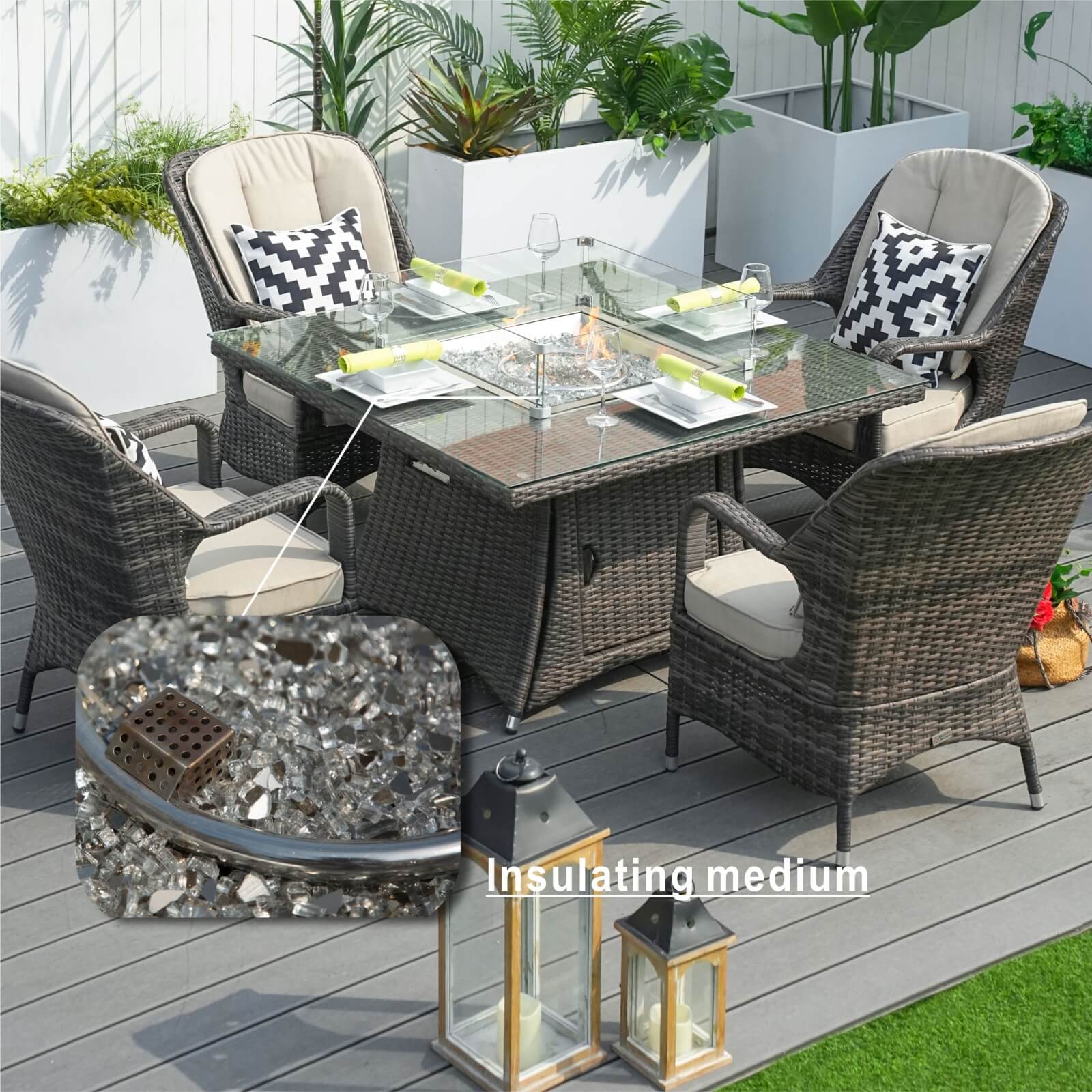 Outdoor Conversation Set with Square Fire Pit Table for 4 Seats(PAG-1104+009-BR) - Abrihome