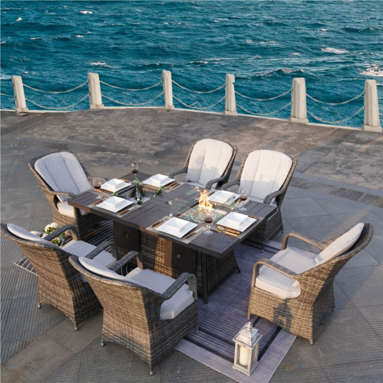Outdoor 6-Seat Dining Set with Fire Pit Table and Ice Bucket(PAG-1106FI-SET) - Abrihome