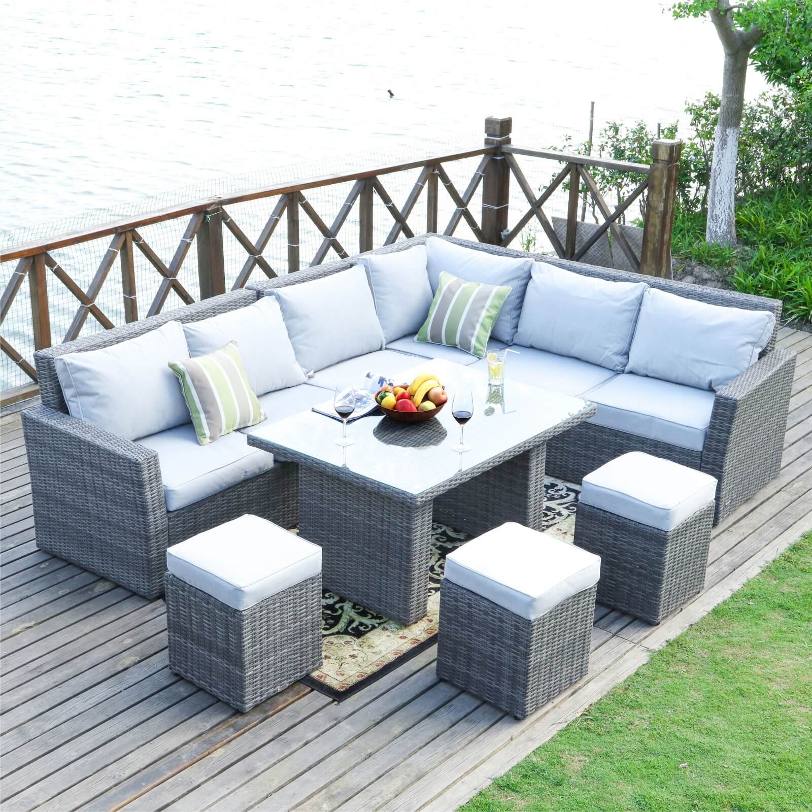 Outdoor Corner Sofa Set with Rectangular Dining Table and Ottoman(PAS-1403-SET) - Abrihome
