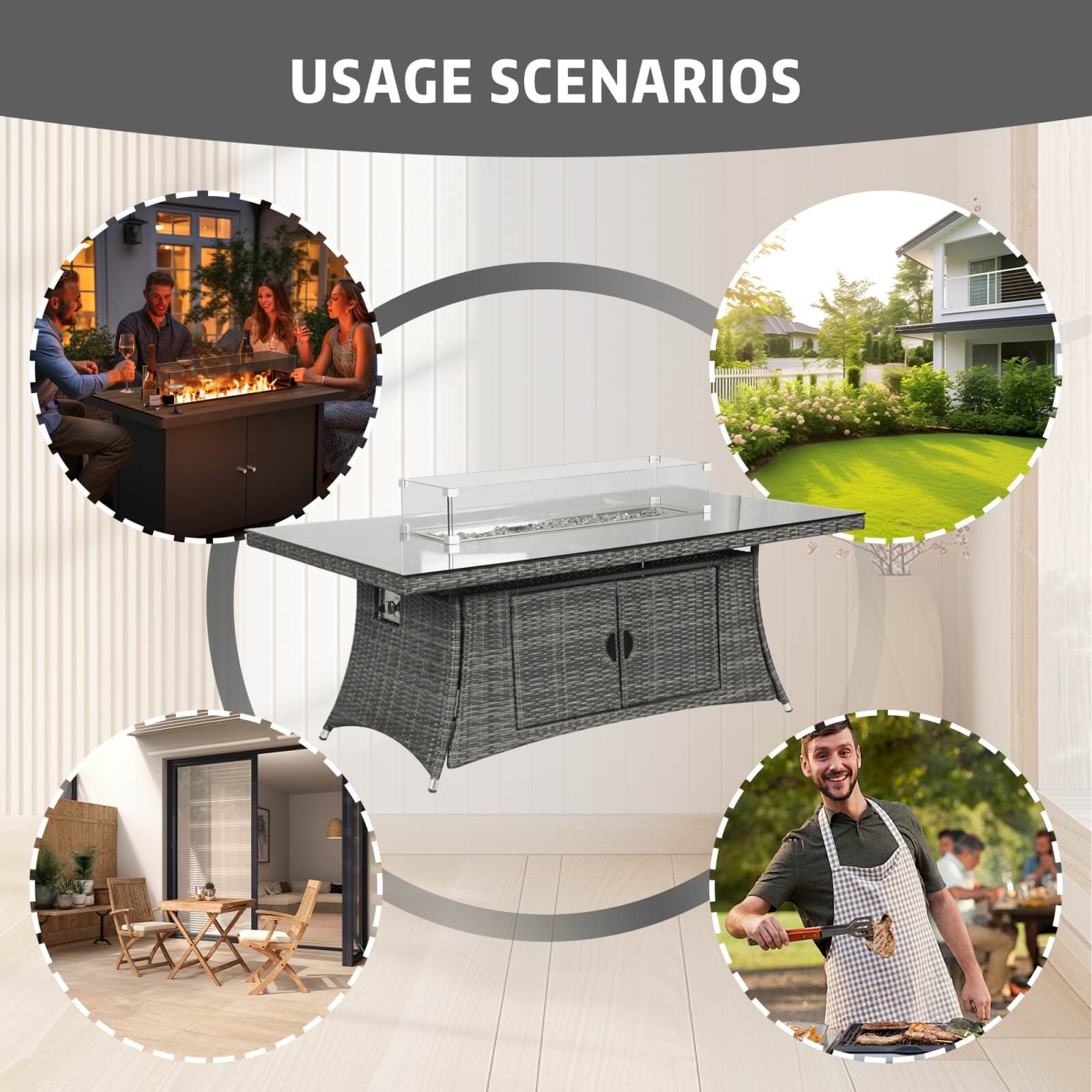 6-Seat Outdoor Fire Pit Dining Set with Rectangle Fire Pit Table  (PAG-1106R-SET) - Abrihome