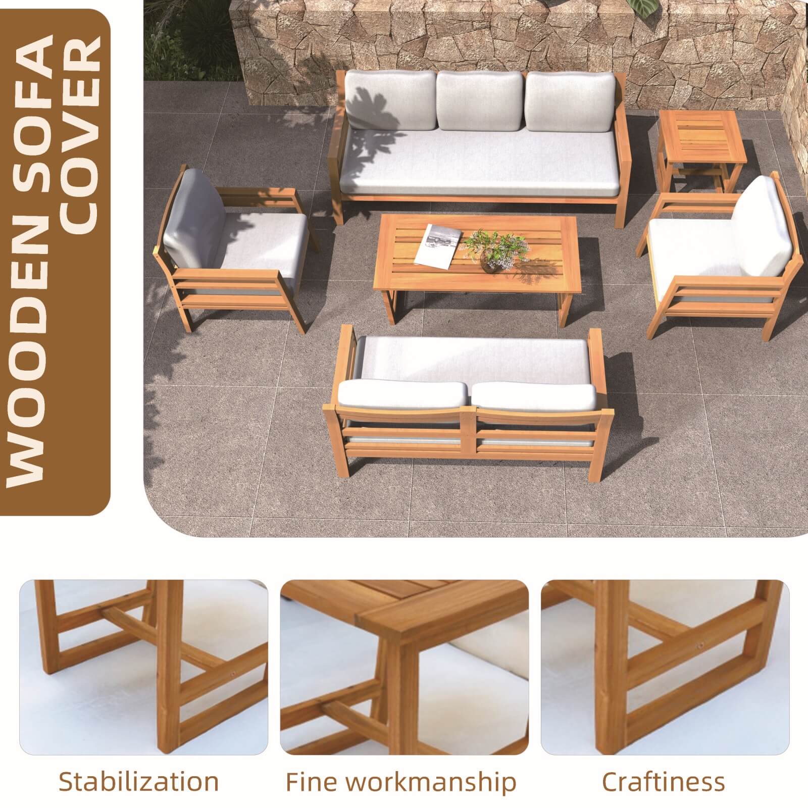 Teak-Look 5-Piece Patio Set with Plush Cushions(PAS-2520-19F-2SS+SS*2+TA+ST) - Abrihome