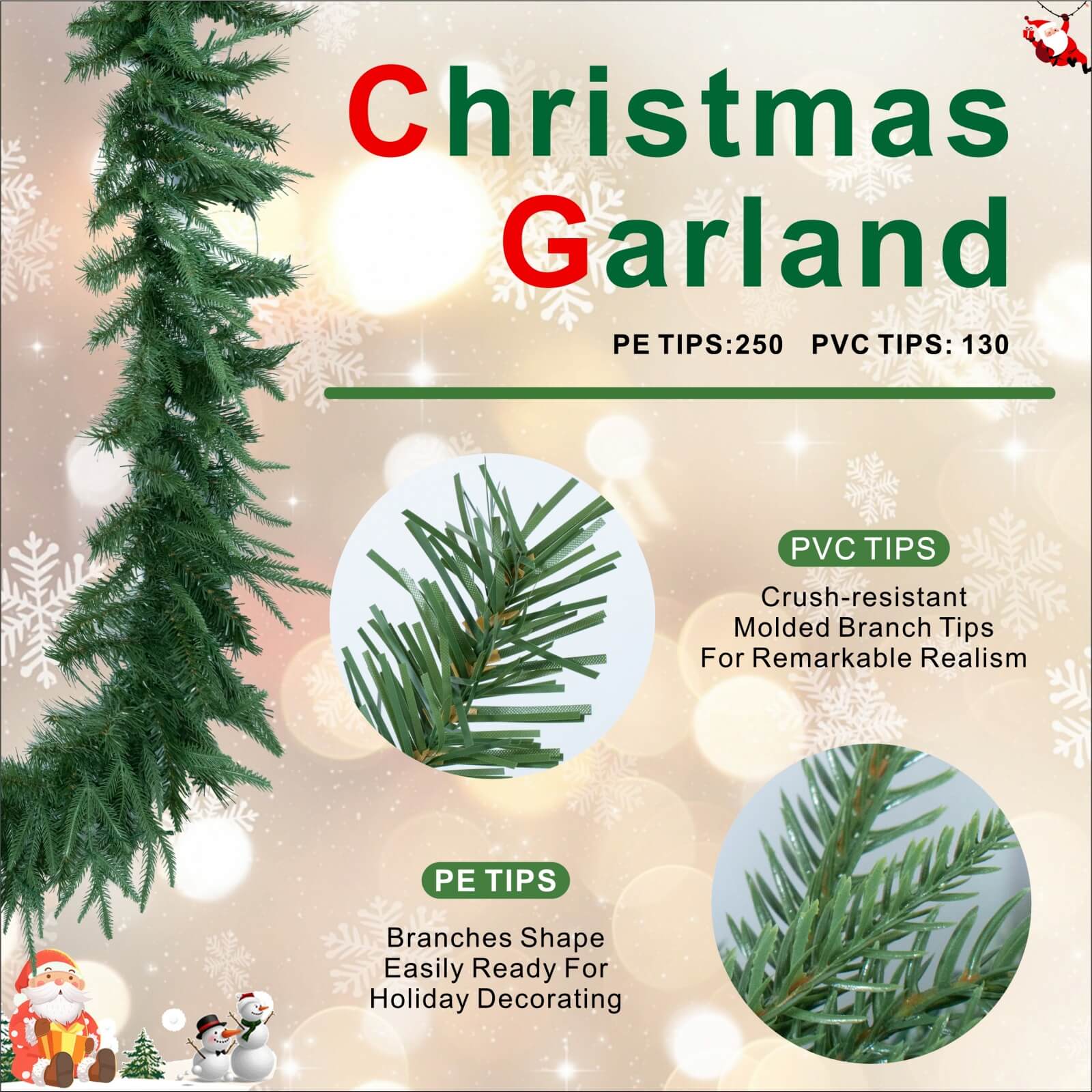 Pine Needle Garland with Optional Warm White LED Lights(PJG-2513) - Abrihome