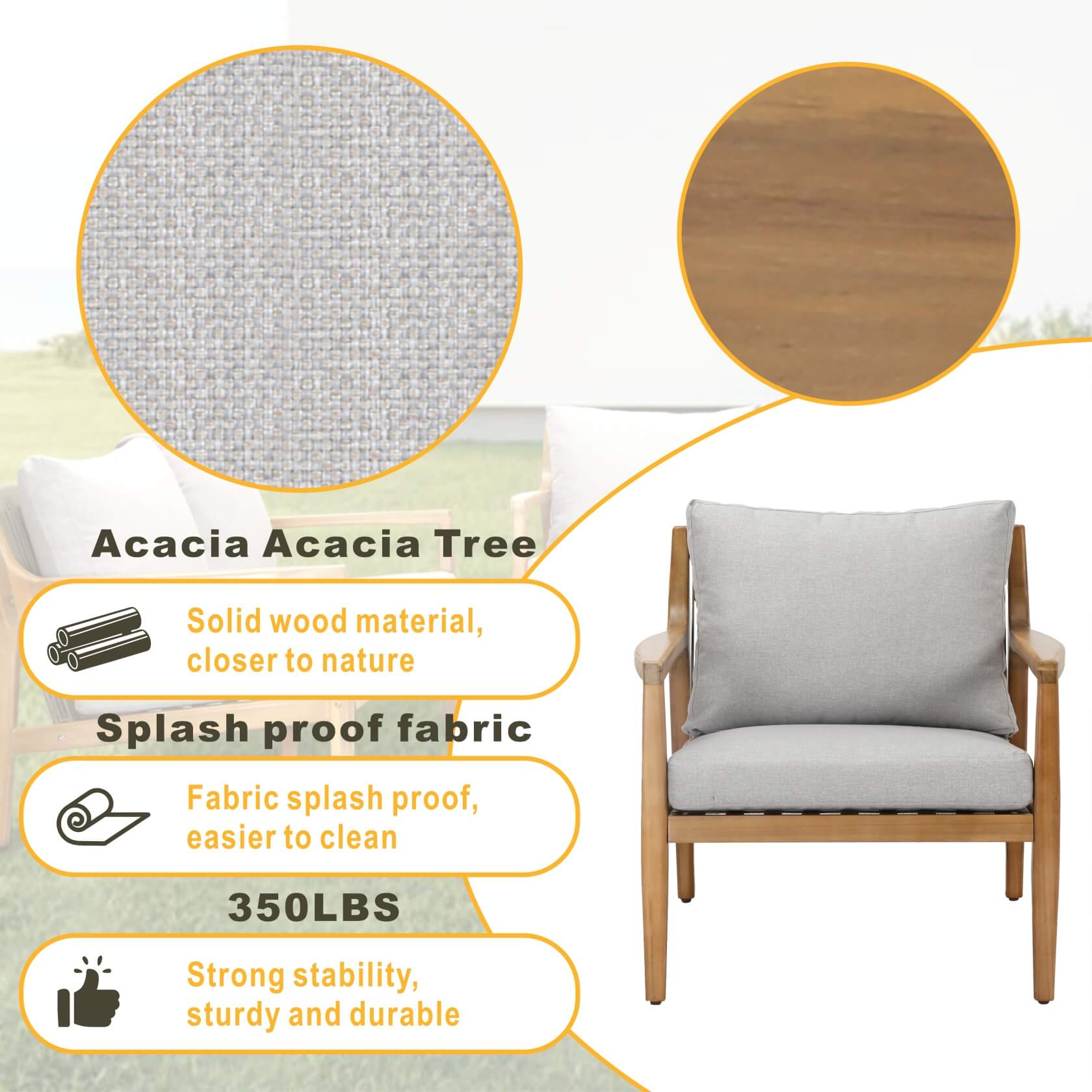 Teak-Color 5-Person Outdoor Sofa Set with Cushions (PAS-2513-3SC+SC*2+TA) - Abrihome