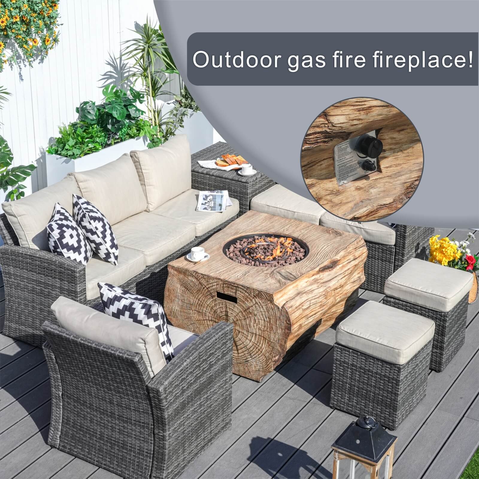 7-Piece Outdoor Fire Pit Set with TerraFlame Rectangle Table(PAG-1403B+2170) - Abrihome