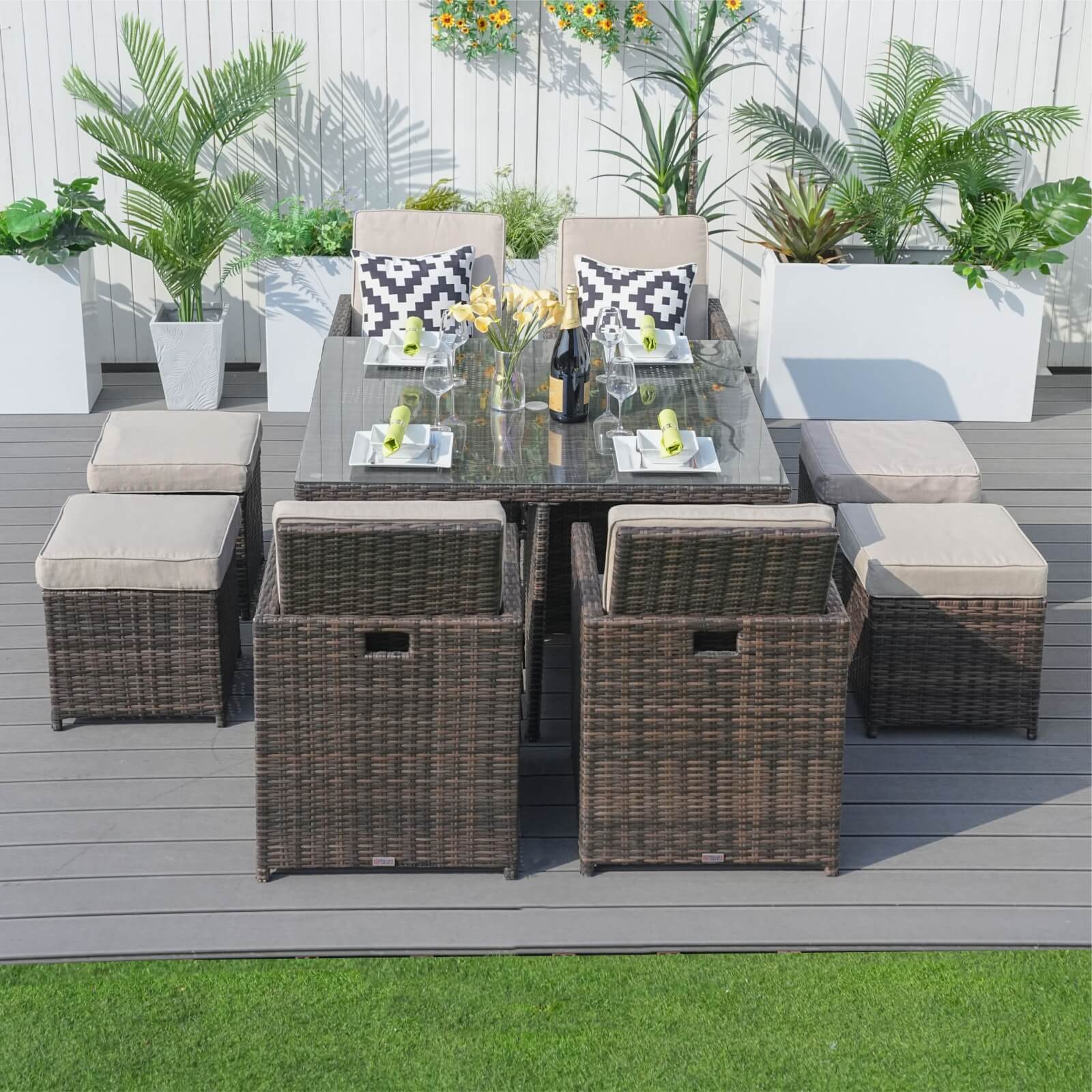 8-Seat Outdoor Dining Set with Cube Table and Ottomans (PAD-3233B) - Abrihome
