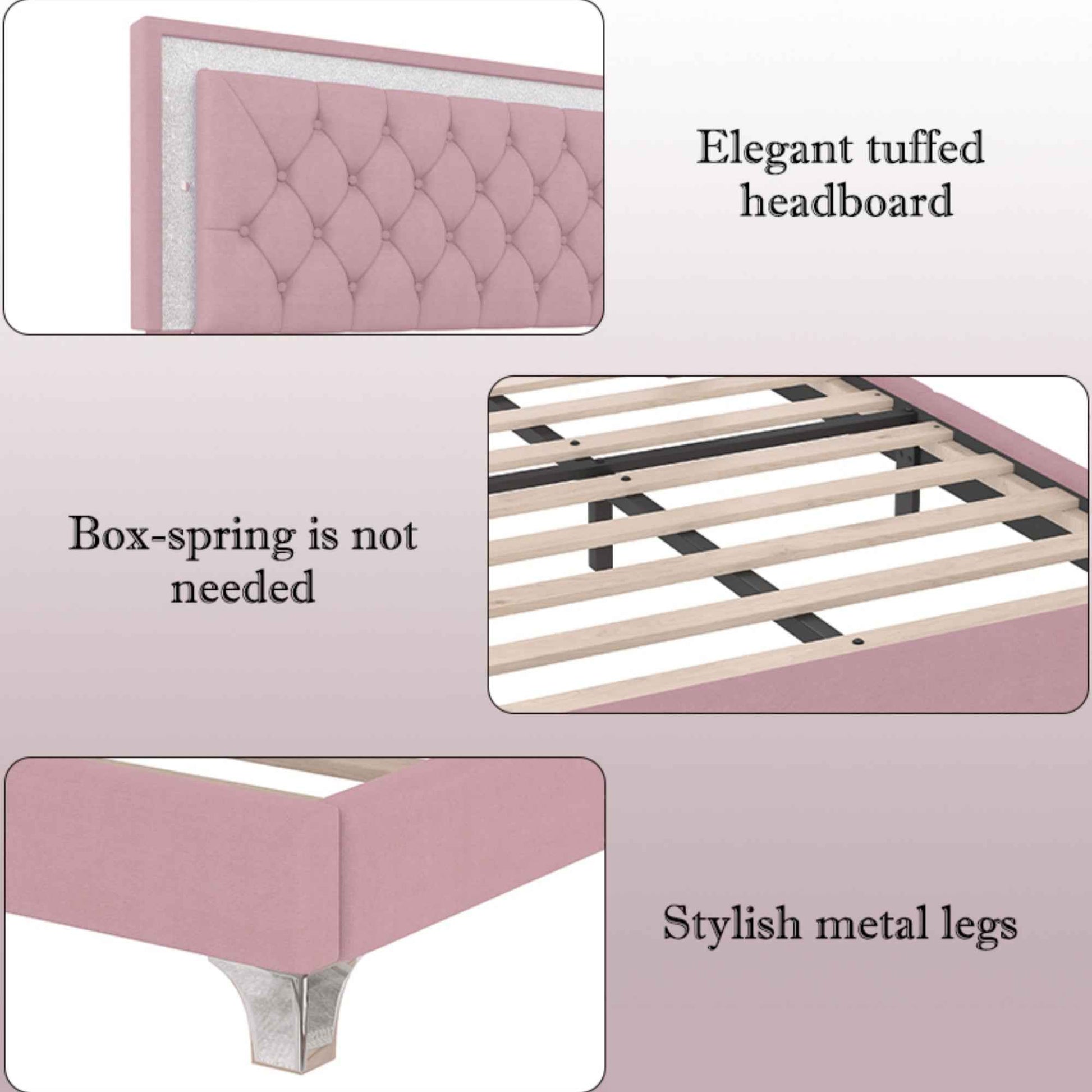 Queen Size Upholstered Bed Frame with LED Lights,Modern Velvet Platform Bed with Tufted Headboard,Pink