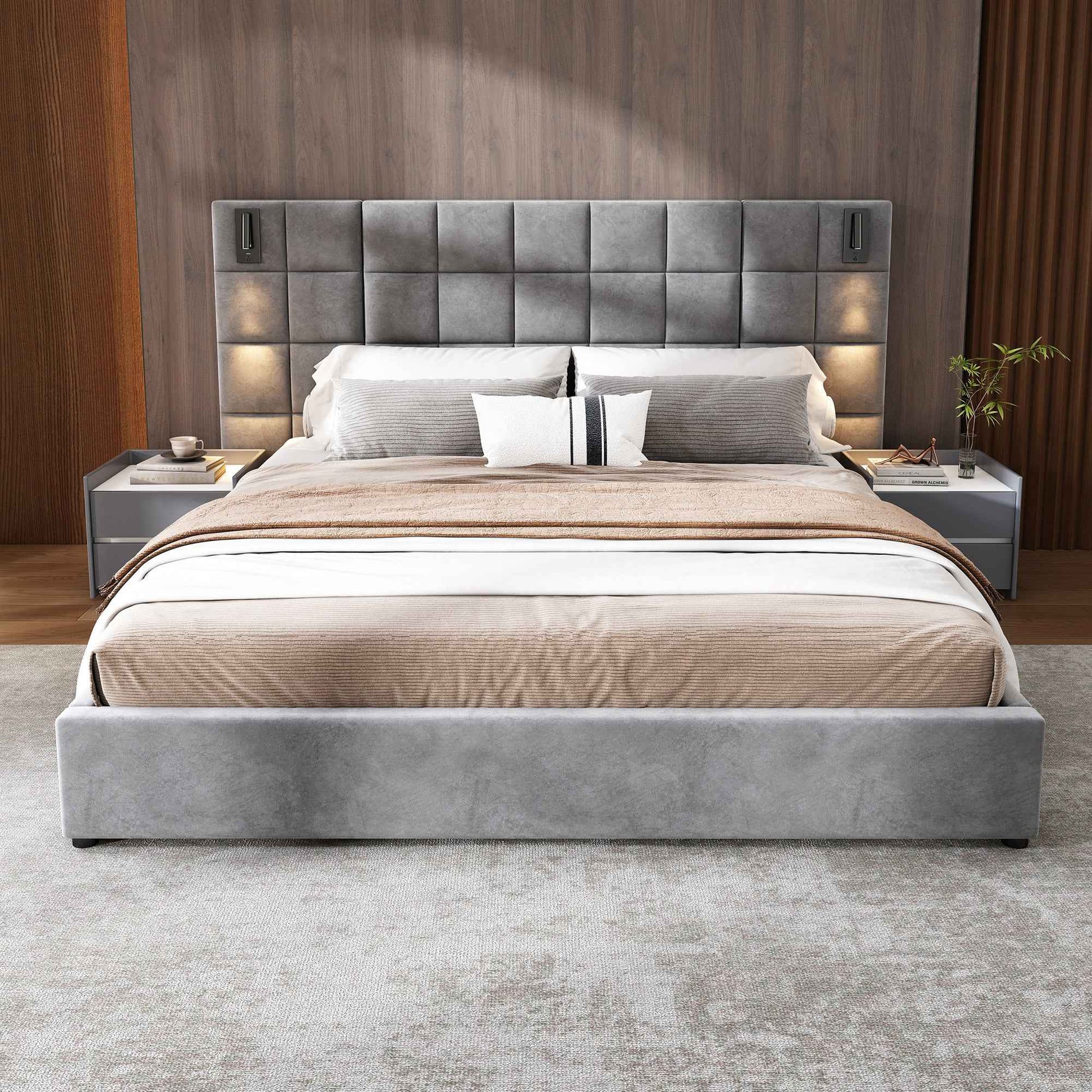 Upholstered King bed,with reading lamp and USB port, wide headboard,without bedside tables and mattress, velvet, grey