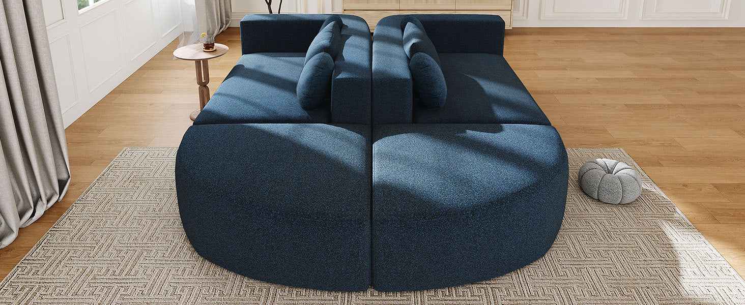 Boneless Couch Modular Sectional Sofa with Deep Seating and Curved Design in Blue Boucle, 114.9 Inches