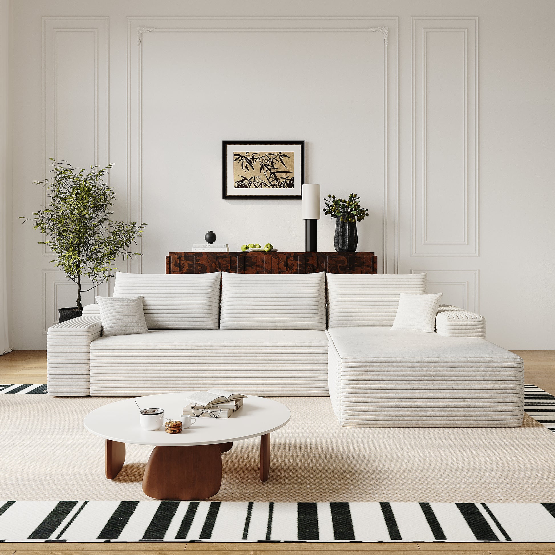 107' Cloud Sectional Couch with L-Shape Chaise,Modern Modular Sofa with Deep Seat, Upholstered Couches for Living Room Bedroom,No Assembly Required, (Plush Corduroy Fabric),White - Abrihome