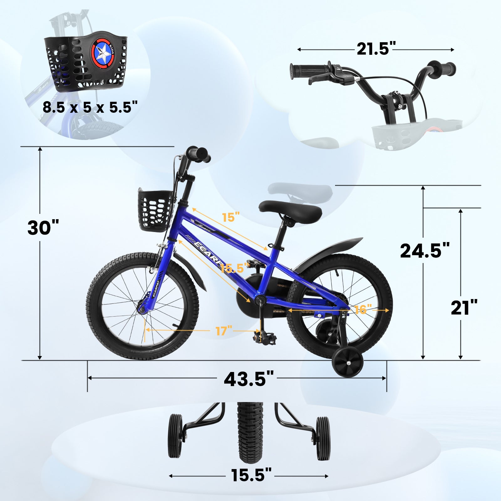 Kids Bike  16 inch for Boys & Girls with Training Wheels,  Freestyle Kids' Bicycle with Bell,Basket and fender.