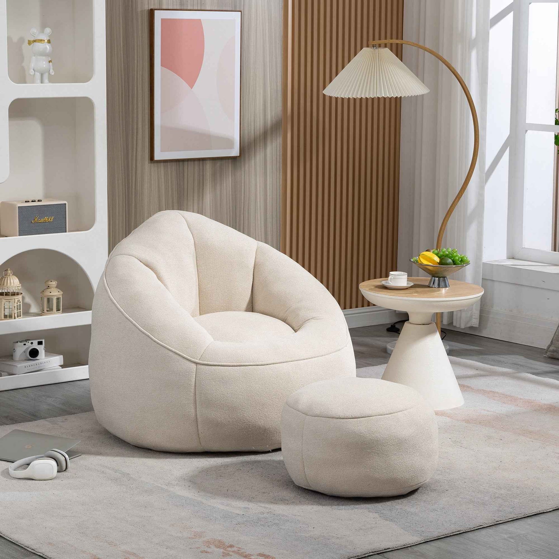 Bedding Bean Bag Sofa Chair with High-Pressure Foam and Footrest, Beige Microfiber