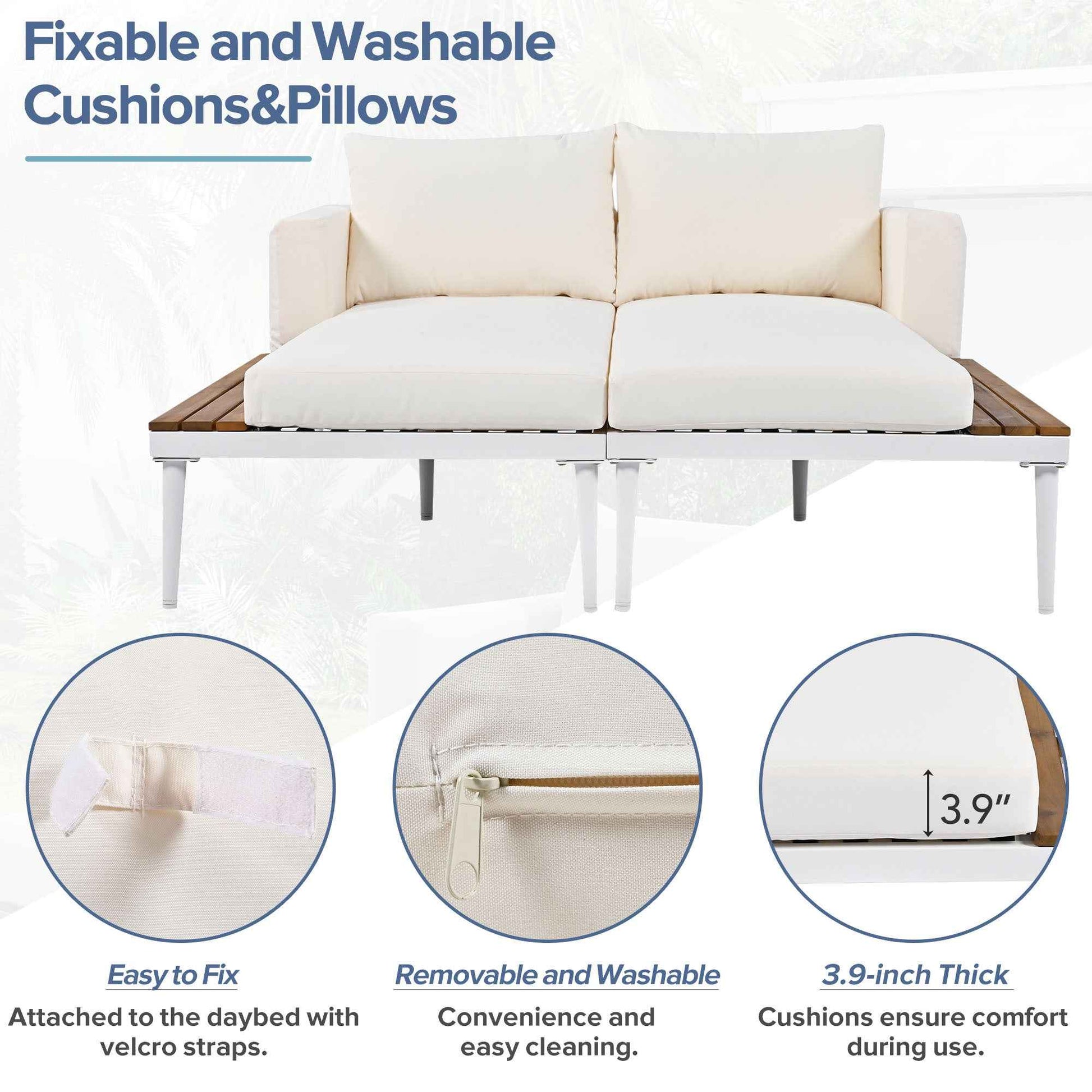 TOPMAX Modern Outdoor Daybed Patio Metal Daybed with Wood Topped Side Spaces for Drinks, 2 in 1 Padded Chaise Lounges for Poolside, Balcony, Deck, Beige