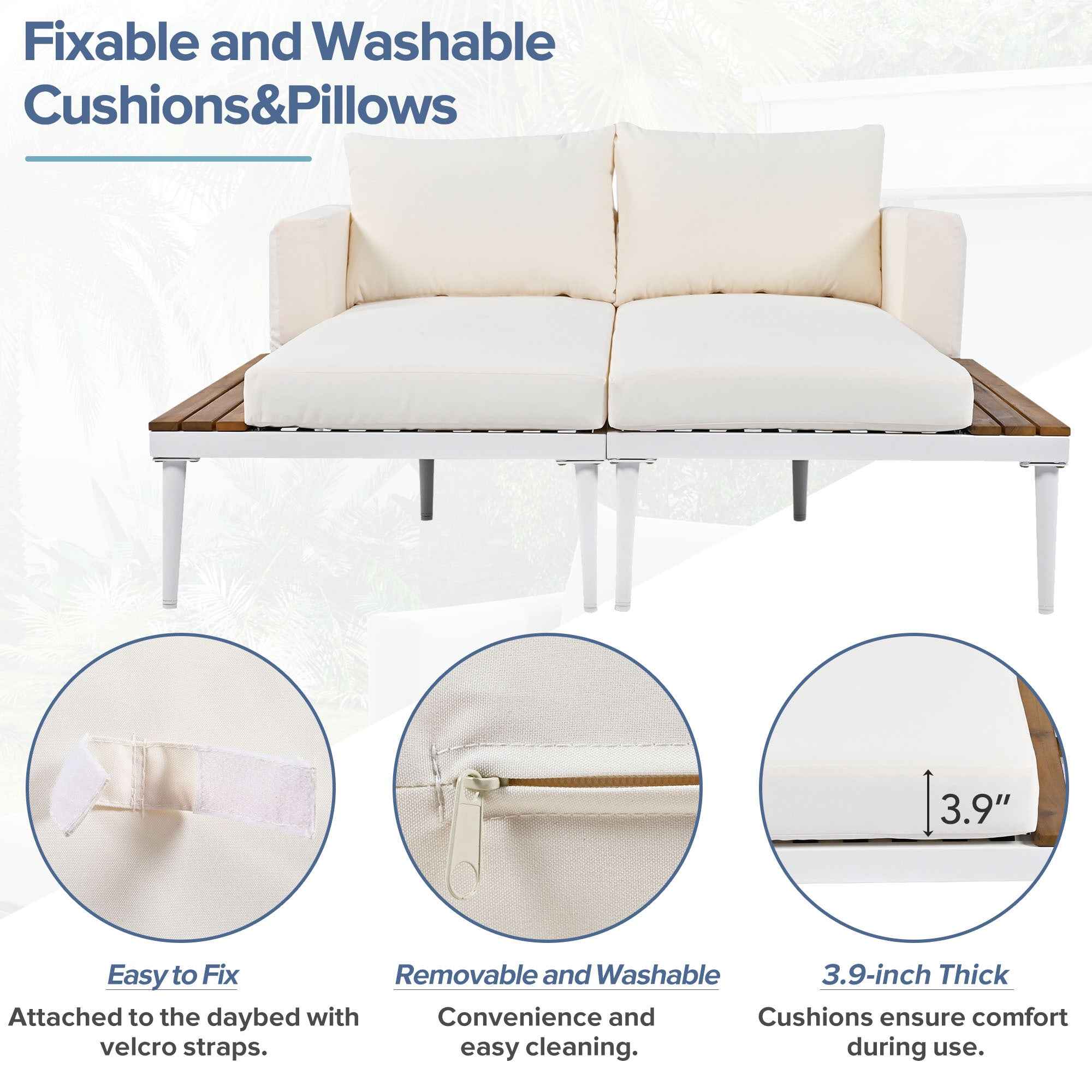 TOPMAX Modern Outdoor Daybed Patio Metal Daybed with Wood Topped Side Spaces for Drinks, 2 in 1 Padded Chaise Lounges for Poolside, Balcony, Deck, Beige