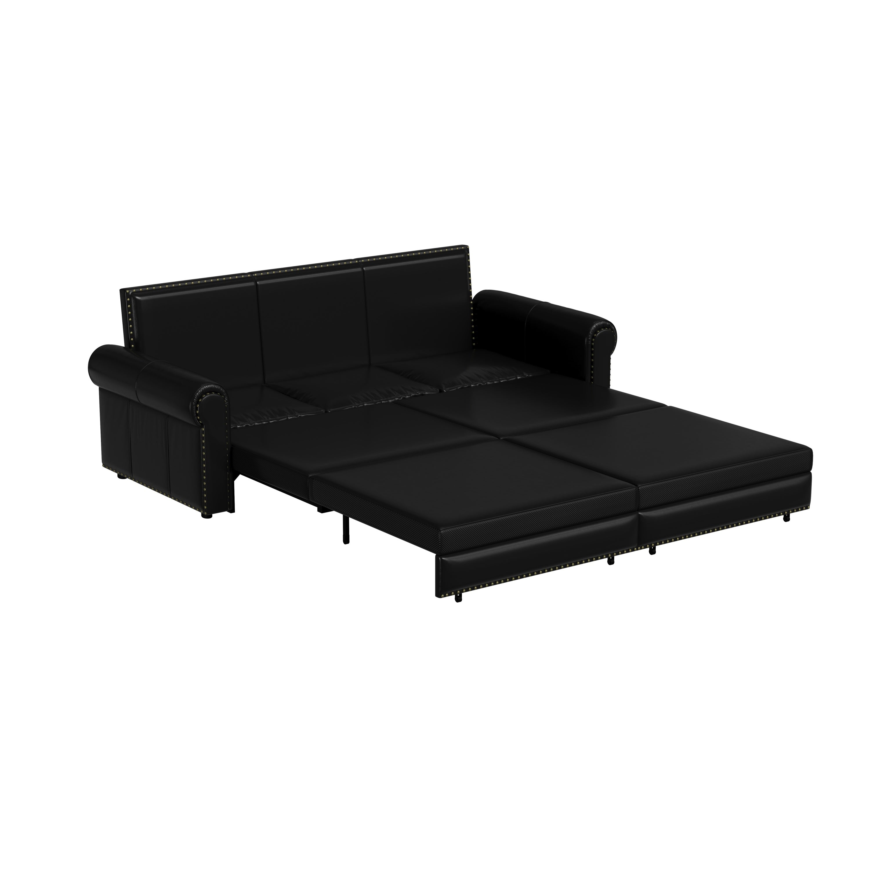 93.7 ' Pull Out Sofa Bed, 3-in-1 Faux Leather Convertible Sleeper Sofa with Nailhead Trim & Rolled Arm,Multi-Functional Sofa Bed for Living Room,Bedroom,Apartment,Office,Balck