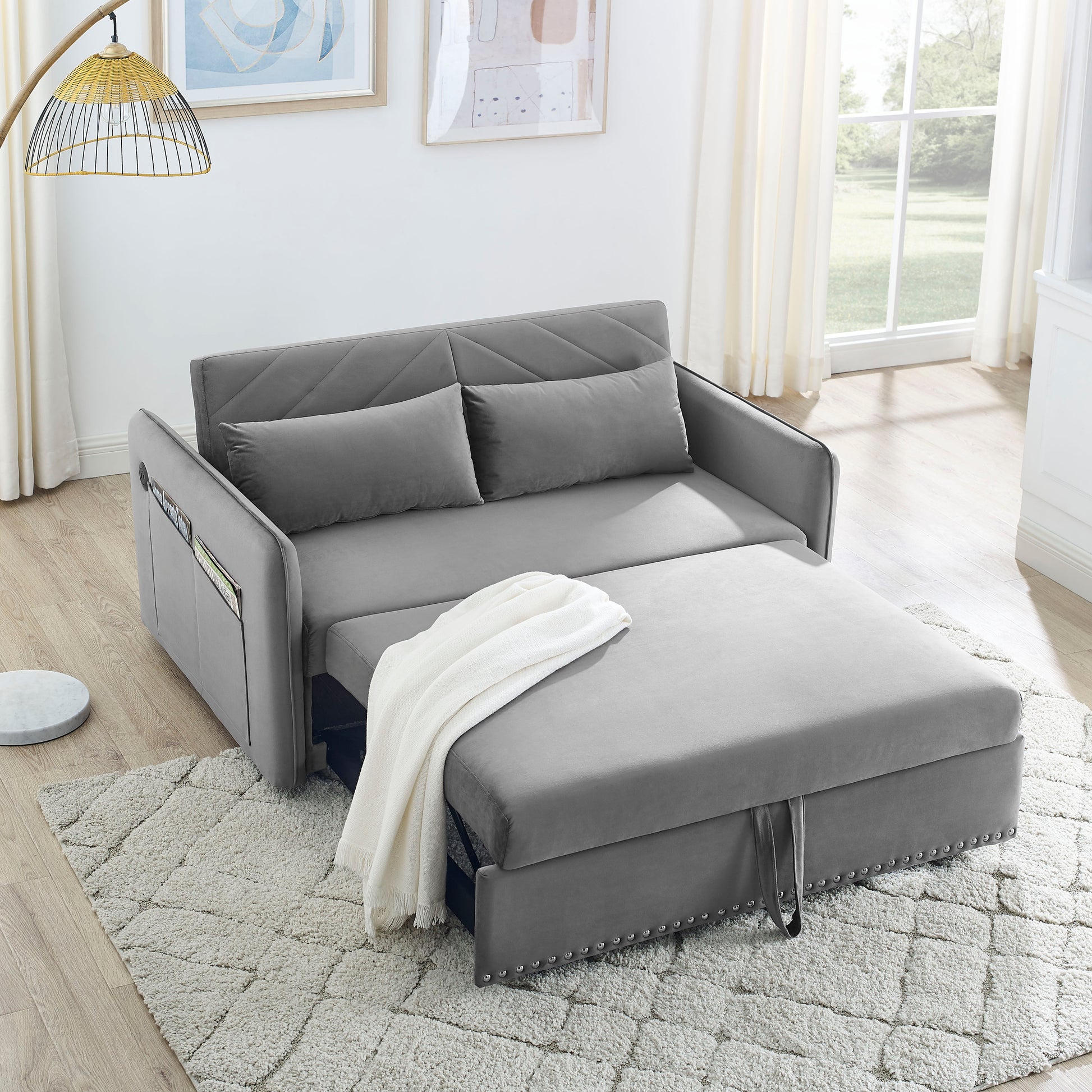 MH' Sleeper Sofa Bed w/USB Port, 3-in-1 adjustable sleeper with pull-out bed, 2 lumbar pillows and side pocket, soft velvet convertible sleeper sofa bed, suitable for living room bedroom - Abrihome