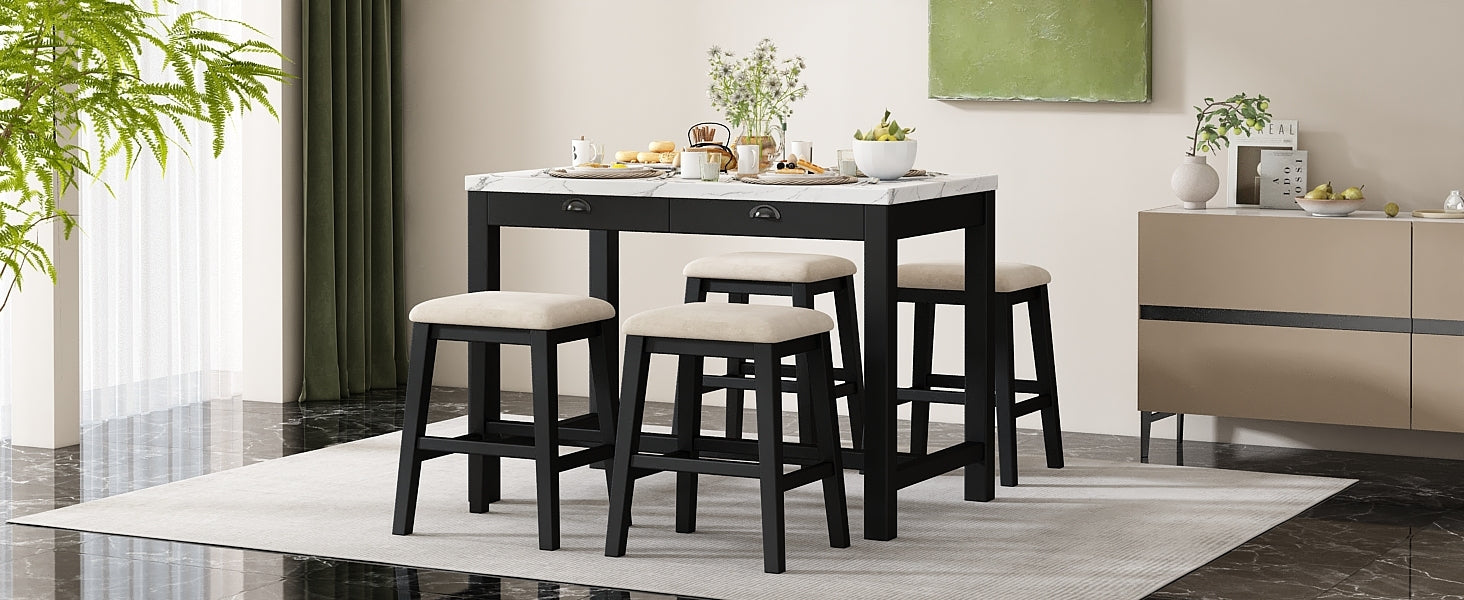 TREXM 3-Piece Modern Faux Marble Versatile Bar Table Set with Storage Drawers and Padded Stools, Ideal for Space-Saving Dining Nooks or Small Kitchens (Black)