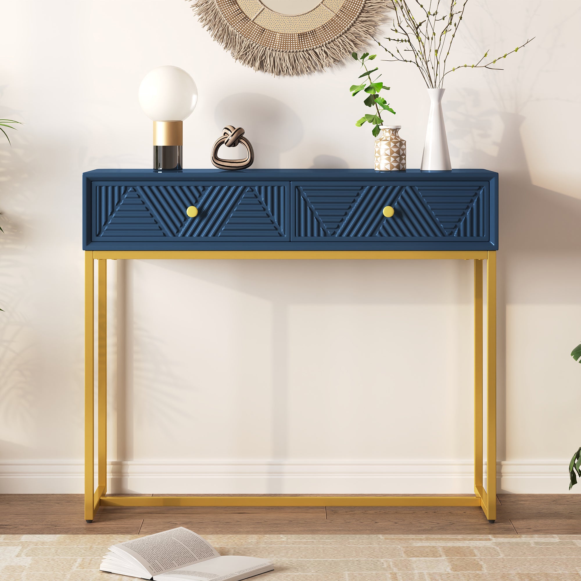 TREXM Modern Sleek Console Table Two Drawers with Stripe Design for Living Room and Entryway (Navy)