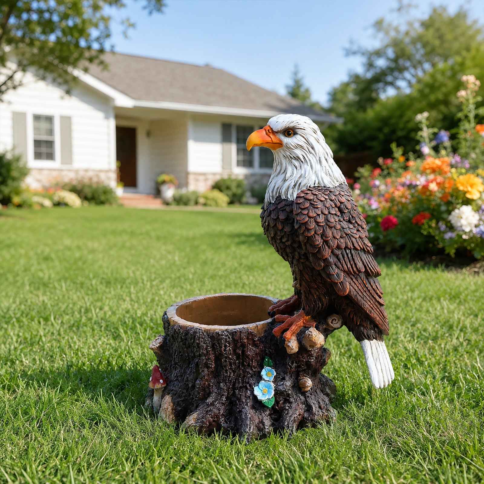 Realistic Standing Eagle Garden Planter on Tree Stump - Durable Polyresin Decorative Wildlife Flower Pot for Outdoor Lawn & Patio Decor