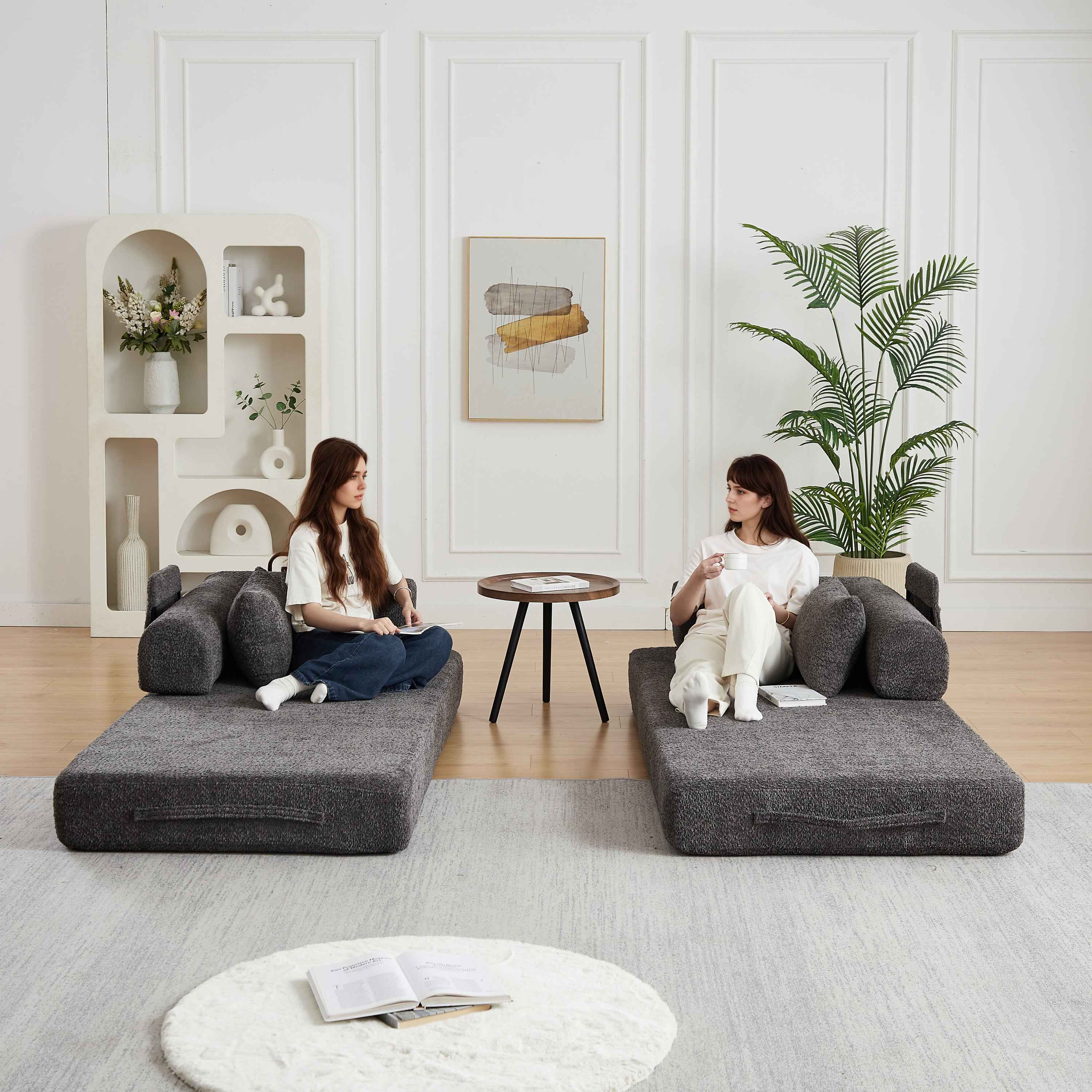78.7-Inch Convertible Sleeper Sofa Bed with Cylindrical Pillow, Chenille Folding Mattress Couch with ,Folding Sofa Bed with Side Pocket, Floor Sofa Lounge Couch for Living Room Bedroom Lounge Studio