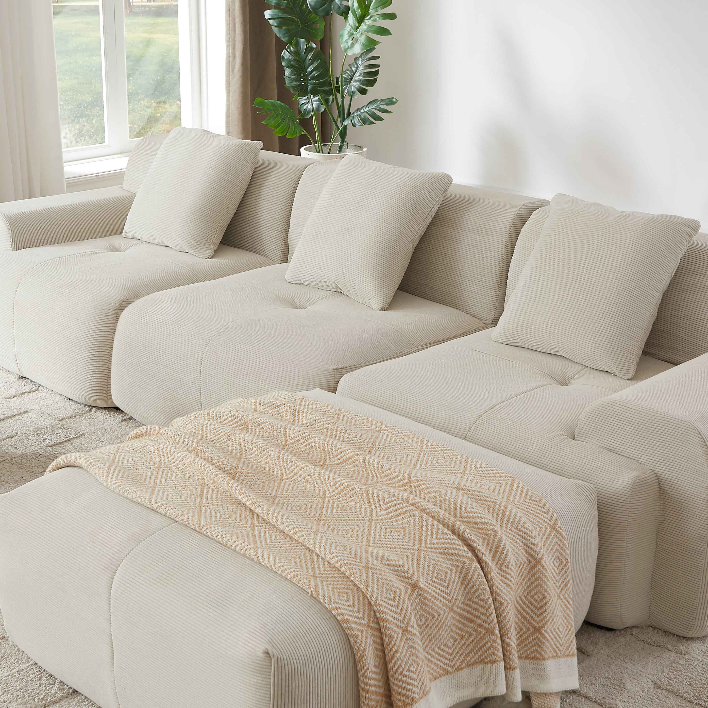 113' Modern L-Shaped Modular Sectional Sofa for Living Room, Corduroy Upholstery beige, Oversized 3-Seater Couch with Deep Seat and Movable Ottoman – No Assembly