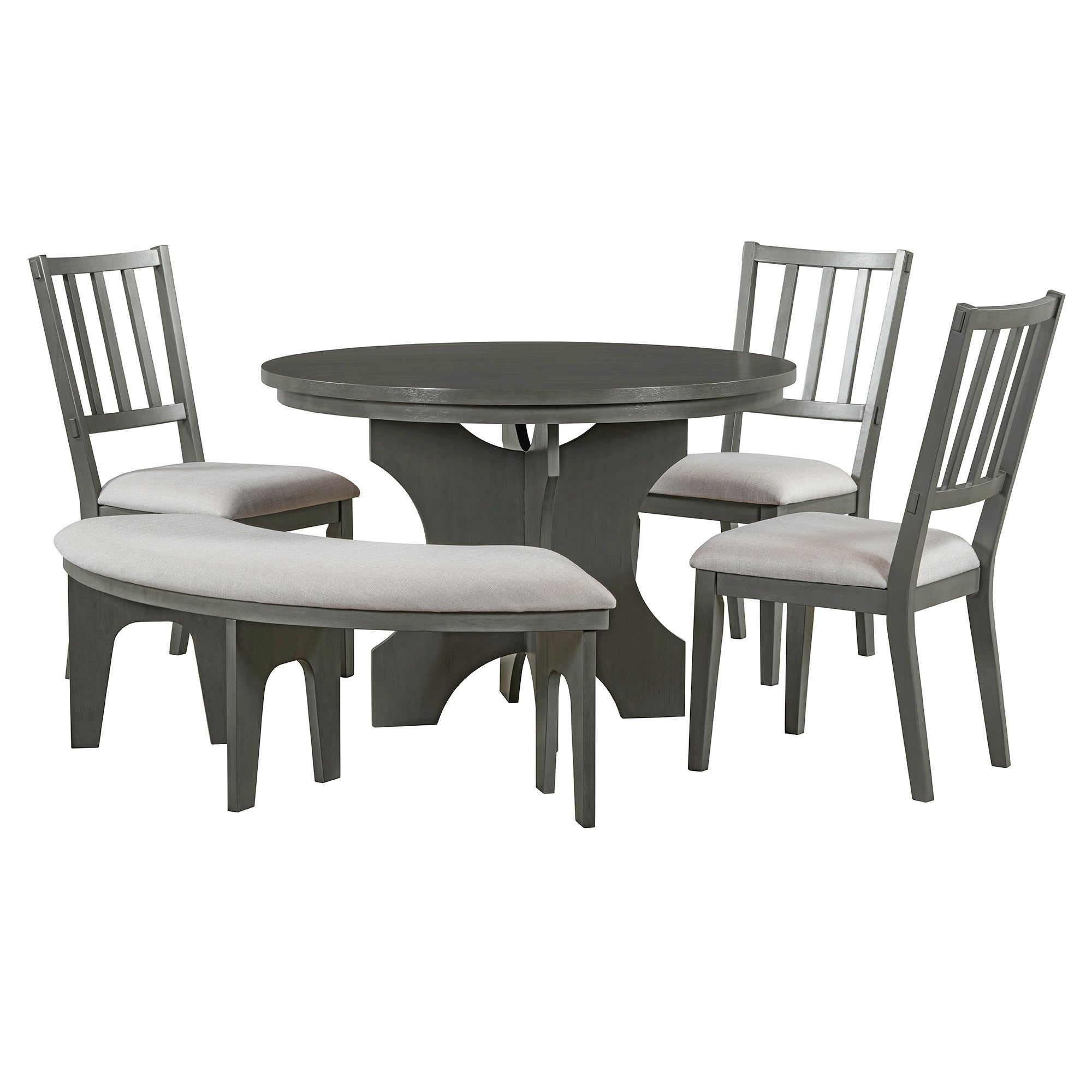 TREXM 5-piece Rustic Charm Round Dining Set with 3 Upholstered Chairs and Curved Bench for Dining Room, Kitchen and Living room (Gray)