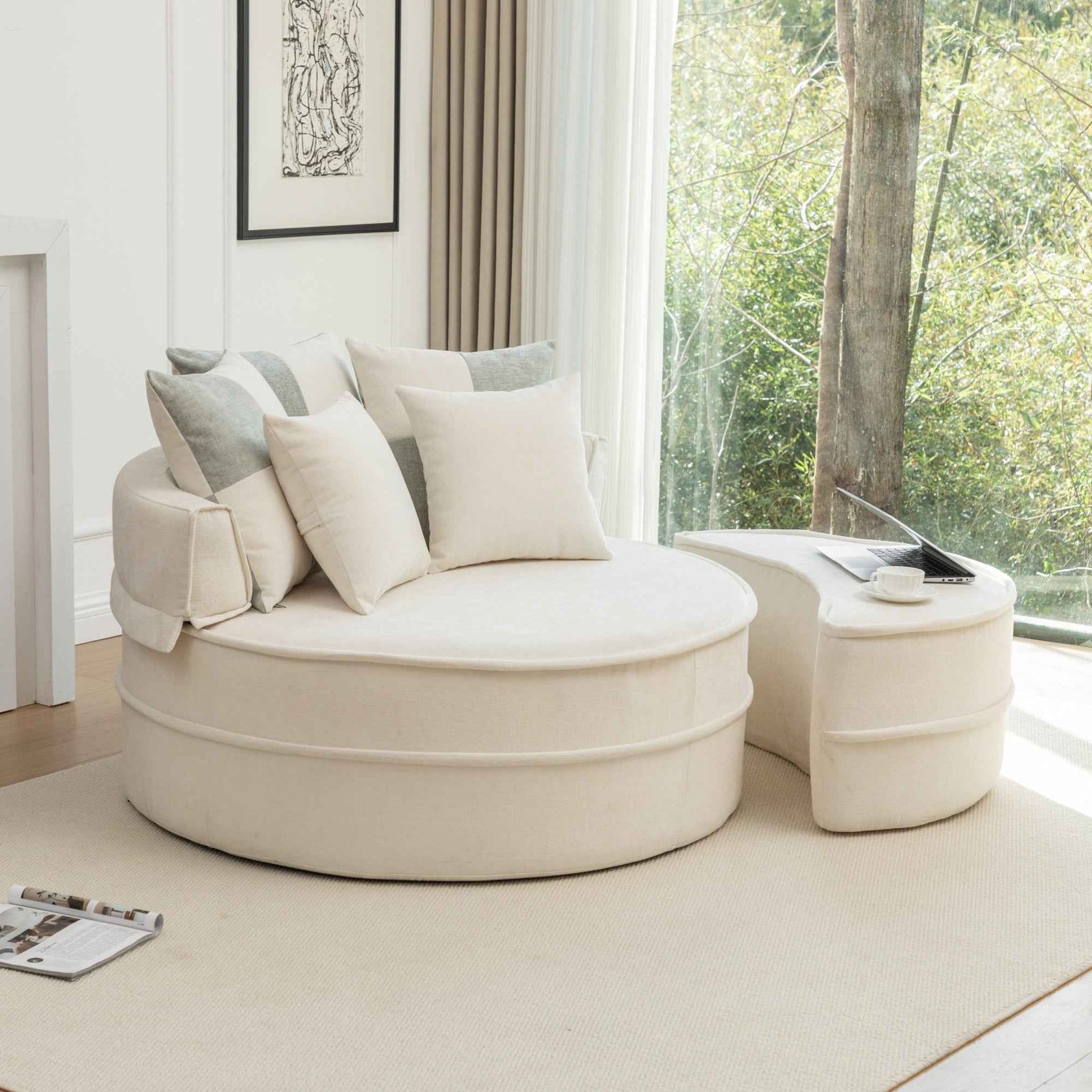 Modern Oversized Beige Round Barrel Accent Chair with Ottoman - Velvet Upholstered Lounge Armchair with 5 Pillows for Living Room or Bedroom
