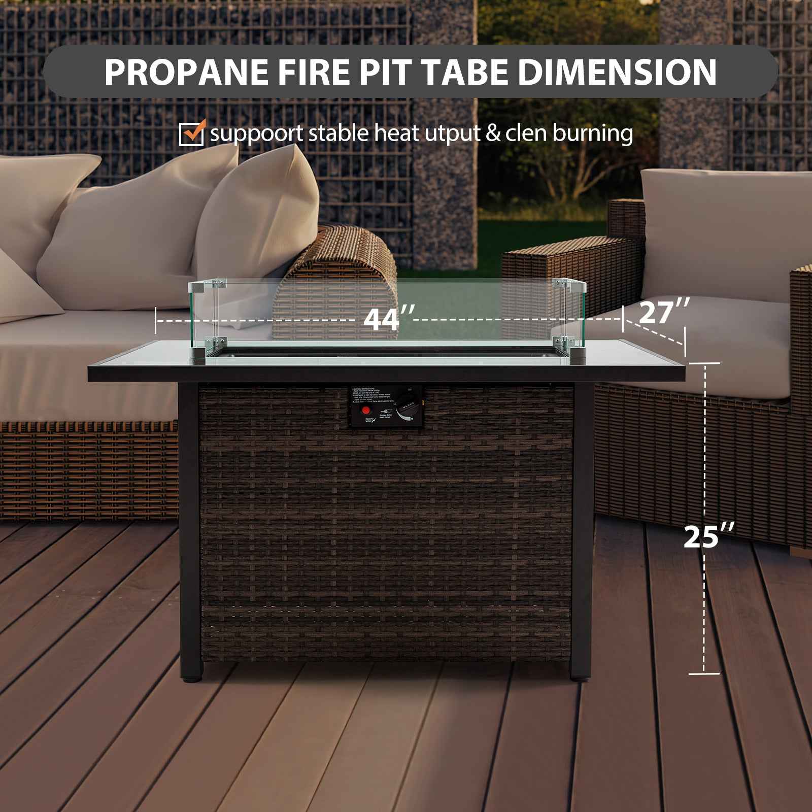 Outdoor Fire Pit 50,000 BTU Propane Gas Fire Table with Lid Fireplace with Glass Wind Guard Wicker Base for Garden, Patio, Backyard, 44'