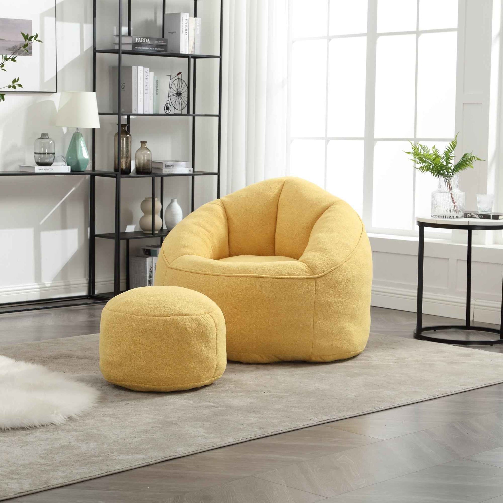 Bedding Bean Bag Sofa Chair with High-Pressure Foam and Footrest, Yellow Microfiber