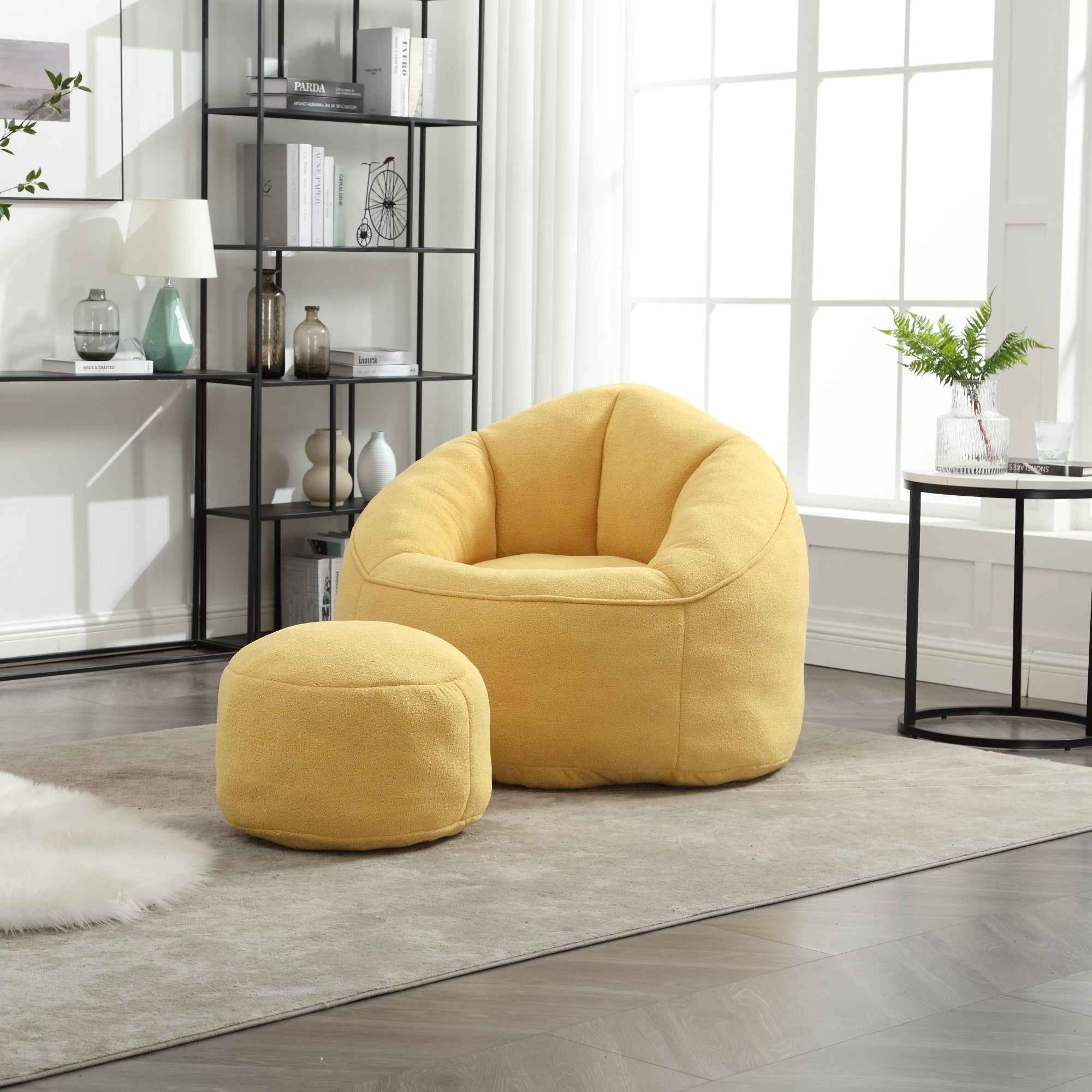 Bedding Bean Bag Sofa Chair with High-Pressure Foam and Footrest, Yellow Microfiber