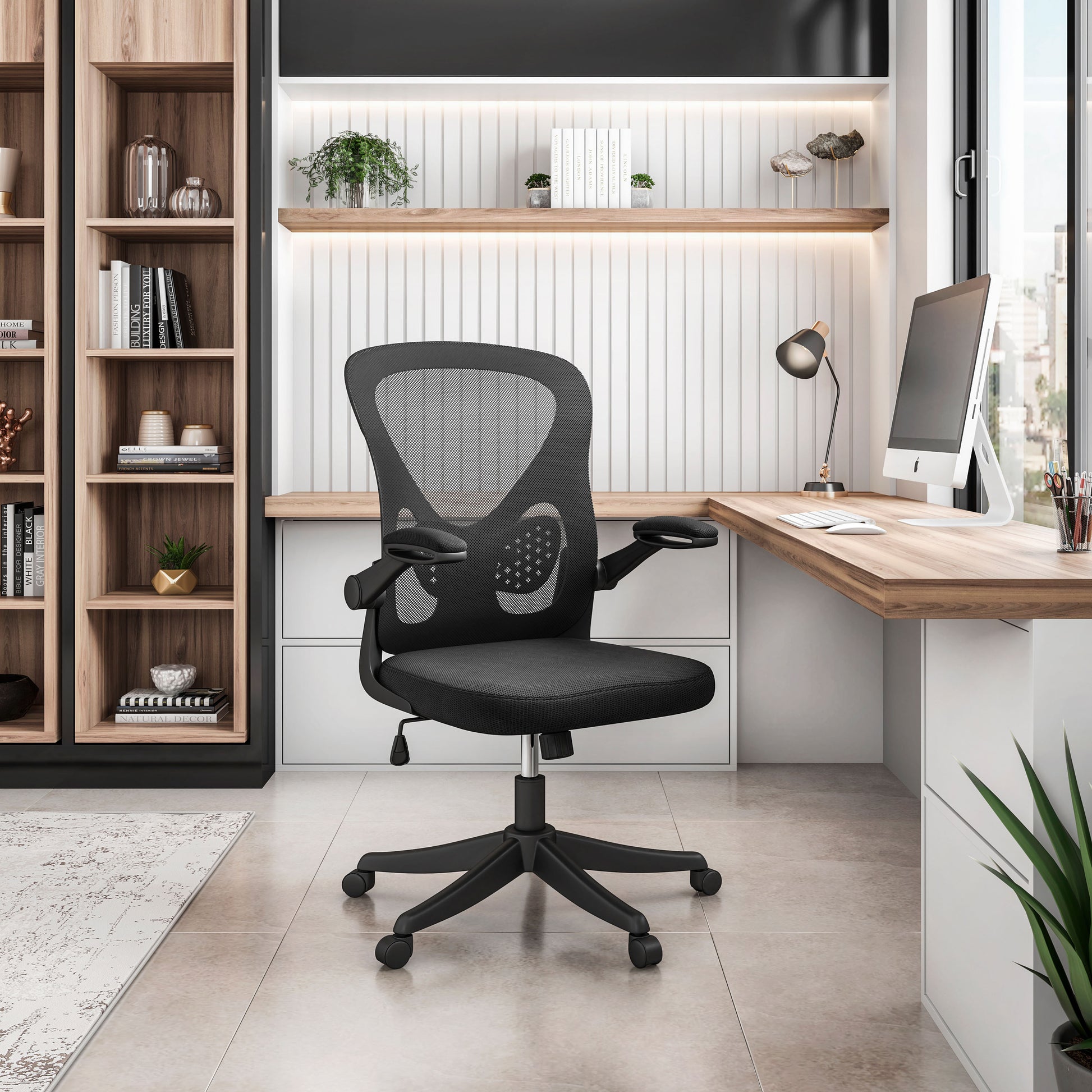 Techni Mobili Black Mesh Office Chair with Lumbar Support and Flip-Up Arms - Abrihome