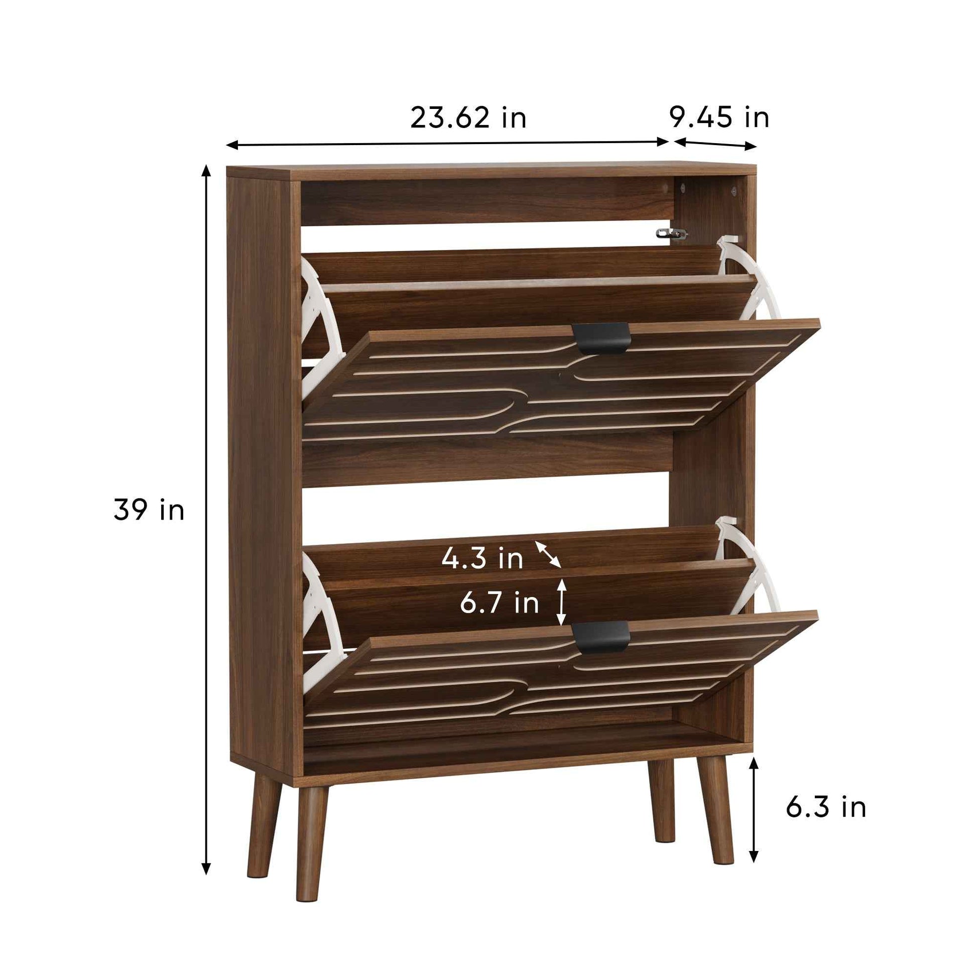 Medieval Modern Independent Shoe Cabinet, 23.62-inch Walnut Storage Unit with 2 Flip Drawers, MDF and Particle Board Construction