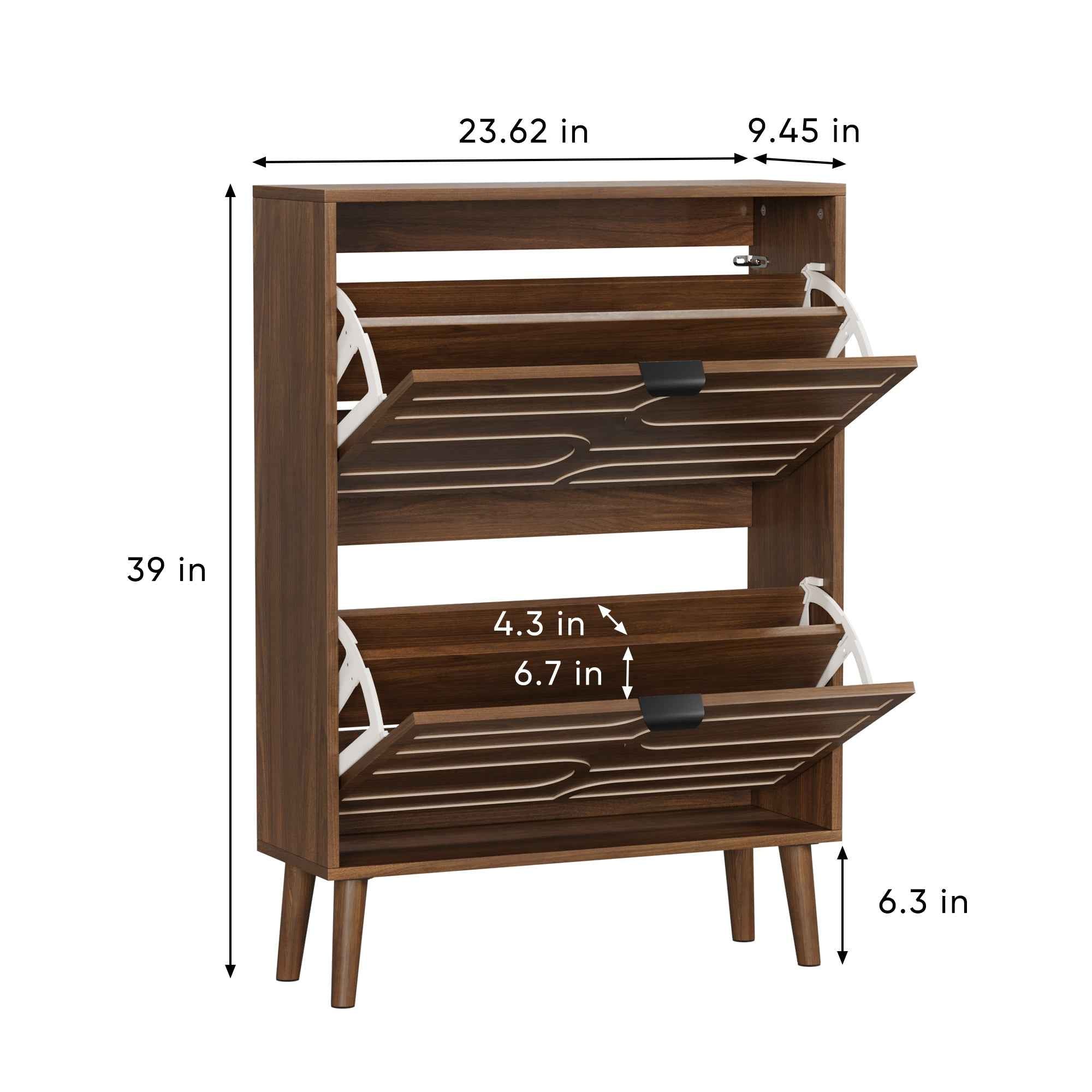 Medieval Modern Independent Shoe Cabinet, 23.62-inch Walnut Storage Unit with 2 Flip Drawers, MDF and Particle Board Construction