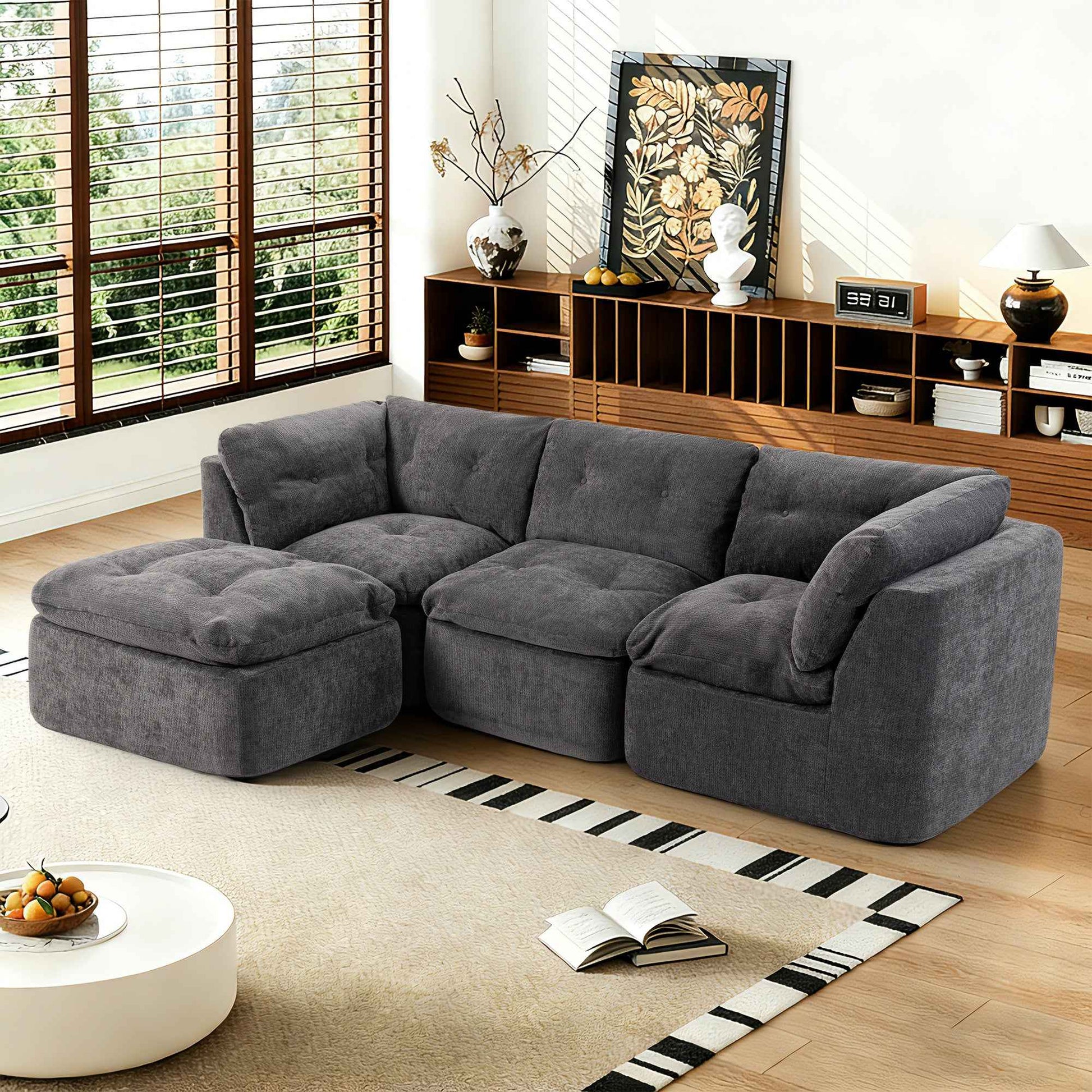 Modern Cloud-style Living Room Sofa, Deep Seat Convertible L-shaped Frame-free Sofa (with Ottoman), Oversized Comfortable 4-seater Chenille Fabric Compressed Sofa, Modular Sectional Sofa