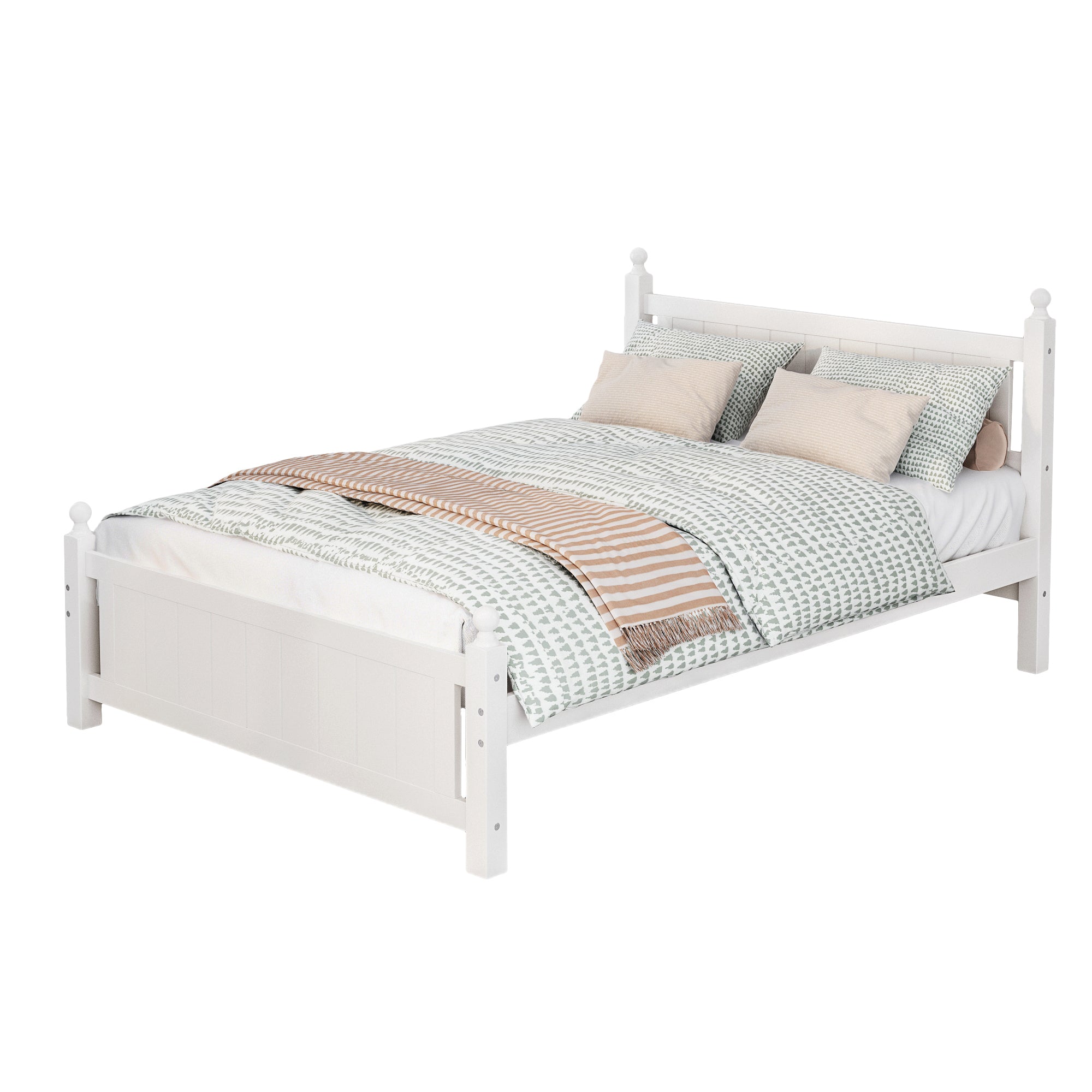 Full Size Solid Wood Platform Bed Frame for Kids, Teens, Adults, No Need Box Spring, White