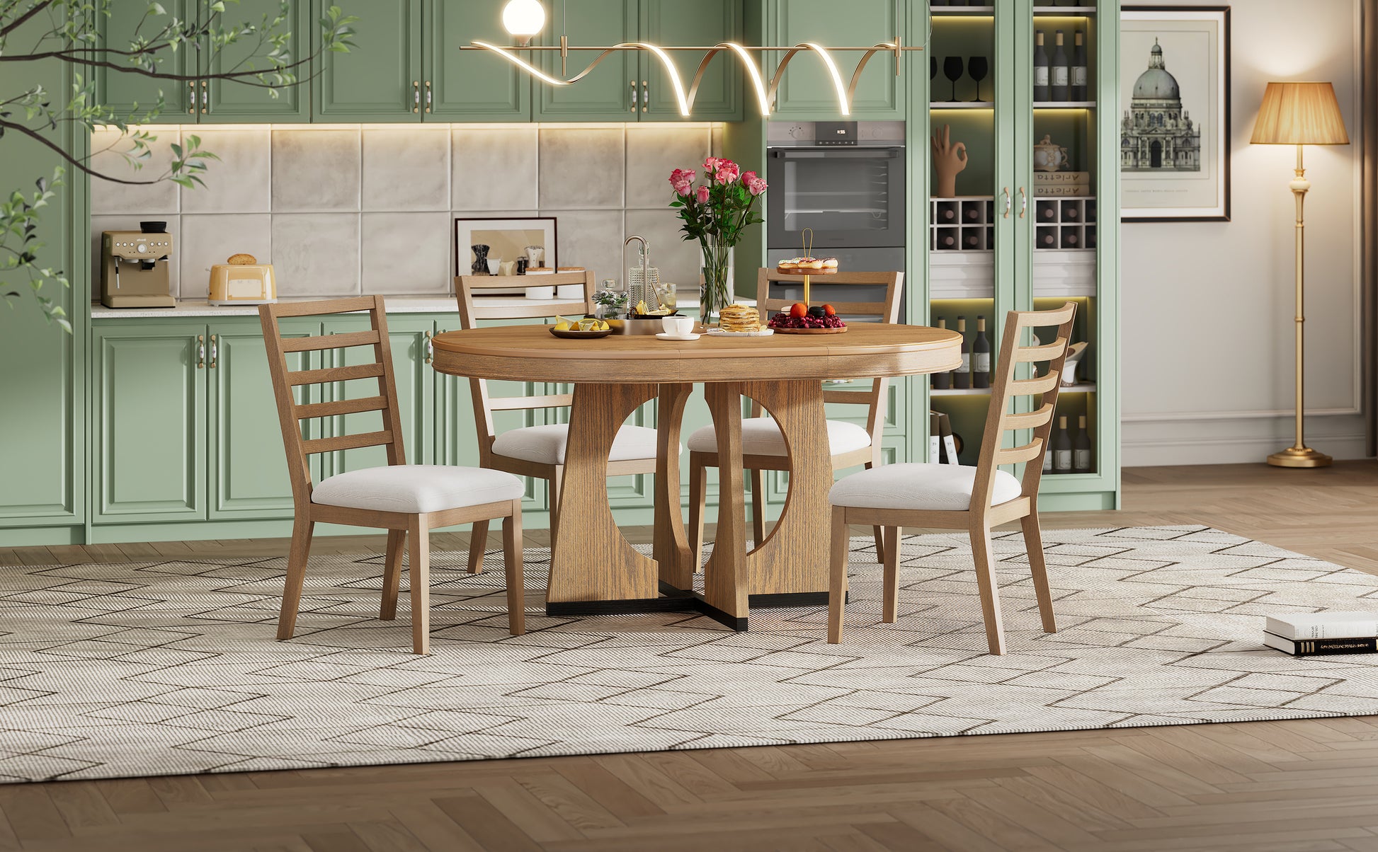 TREXM 5-Piece Retro Rustic Functional Dining Set Unique Geometric Design, 1 Extendable Table with a 16-inch Leaf and 4 Upholstered Chairs Ideal for Dining Room and Kitchen (Natural) - Abrihome