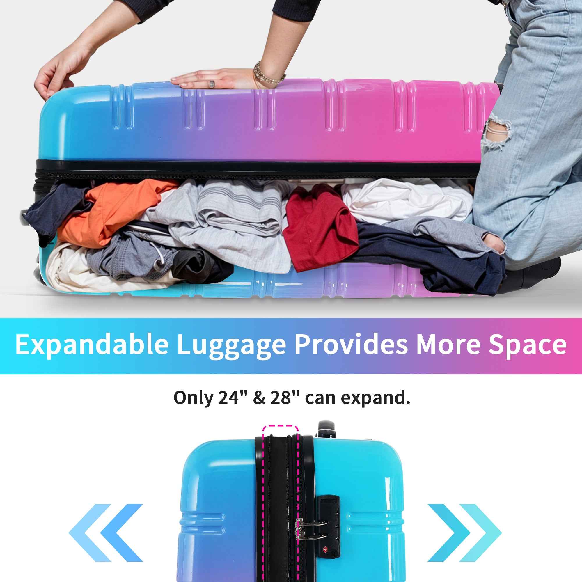 Gradient Color Expandable Hardshell Luggage Sets with Spinner Wheels and TSA Lock, Lightweight 20' 24' 28', Blue and Red