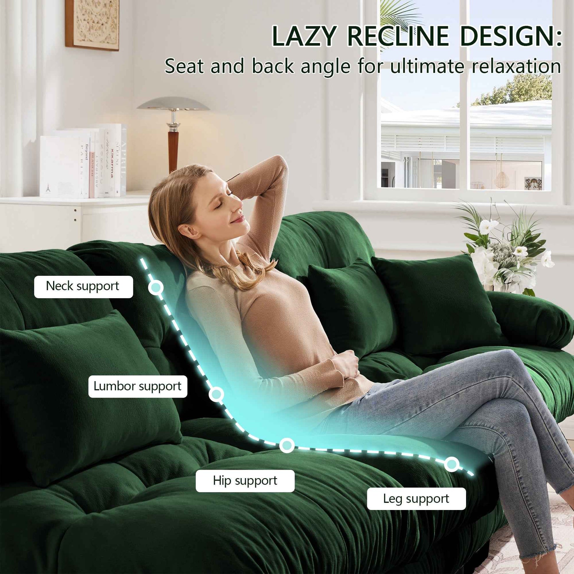 Cloud Couch Sleeper Sofa for Living Room, Chenille 2 Seater sofa with 2 Lumbar pillows and 2 throw pillows , Upholstered Wide Arm Sofa with 2 Ottomans,Chenille Green