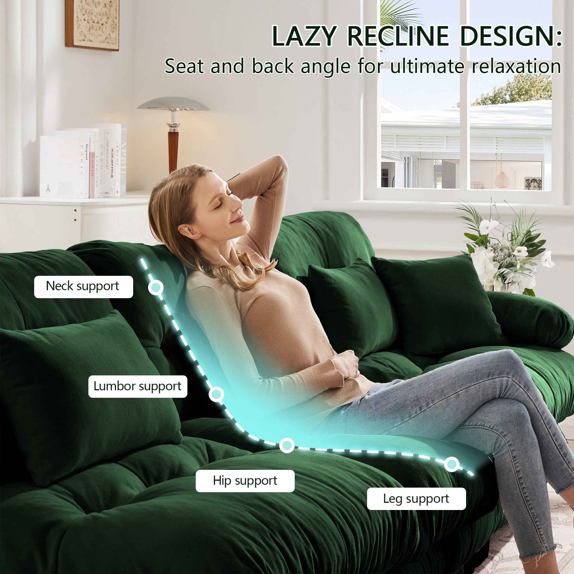 Cloud Couch Sleeper Sofa for Living Room, Chenille 2 Seater sofa with 2 Lumbar pillows and 2 throw pillows , Upholstered Wide Arm Sofa with 2 Ottomans,Chenille Green
