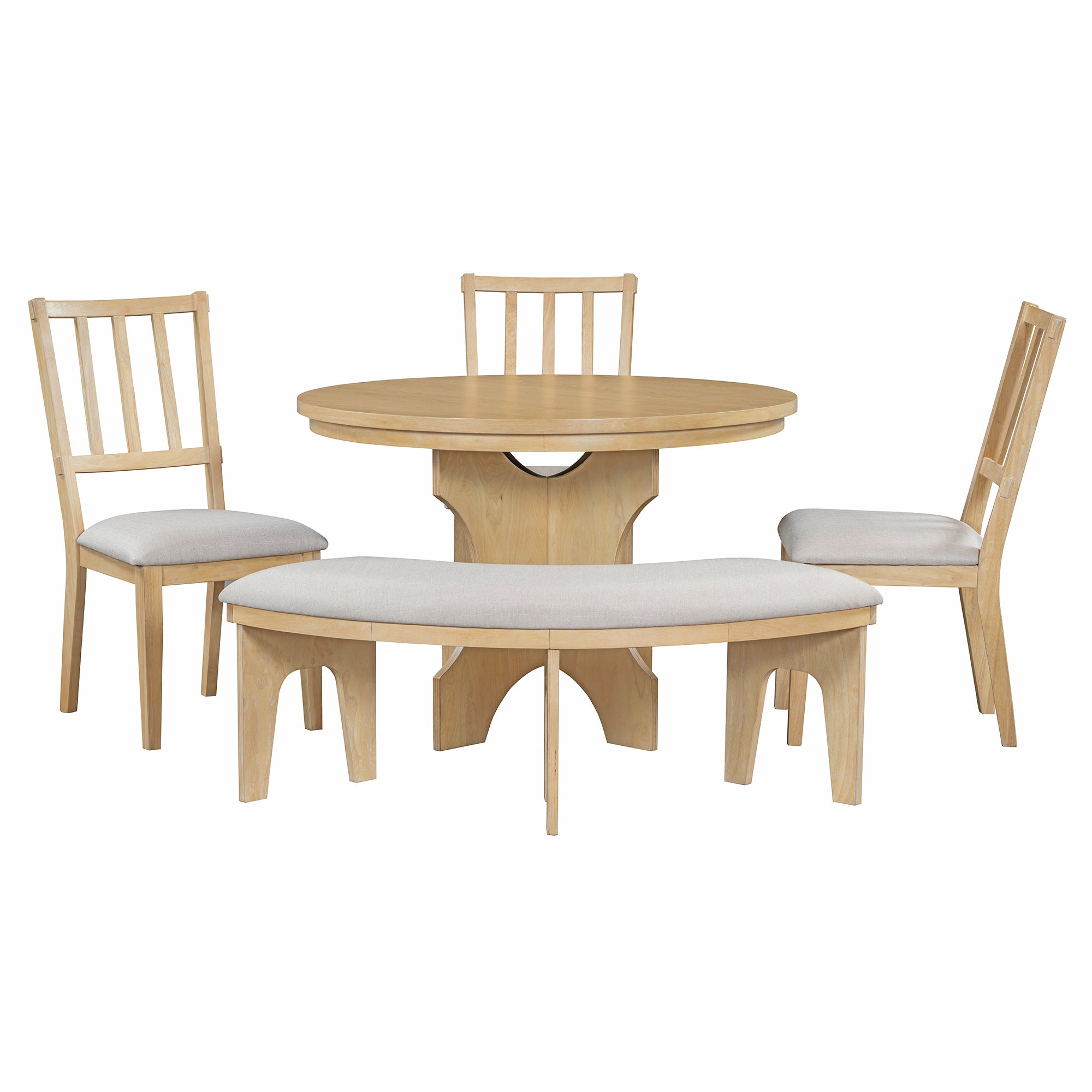 TREXM 5-piece Rustic Charm Round Dining Set with 3 Upholstered Chairs and Curved Bench for Dining Room, Kitchen and Living room (Natural)