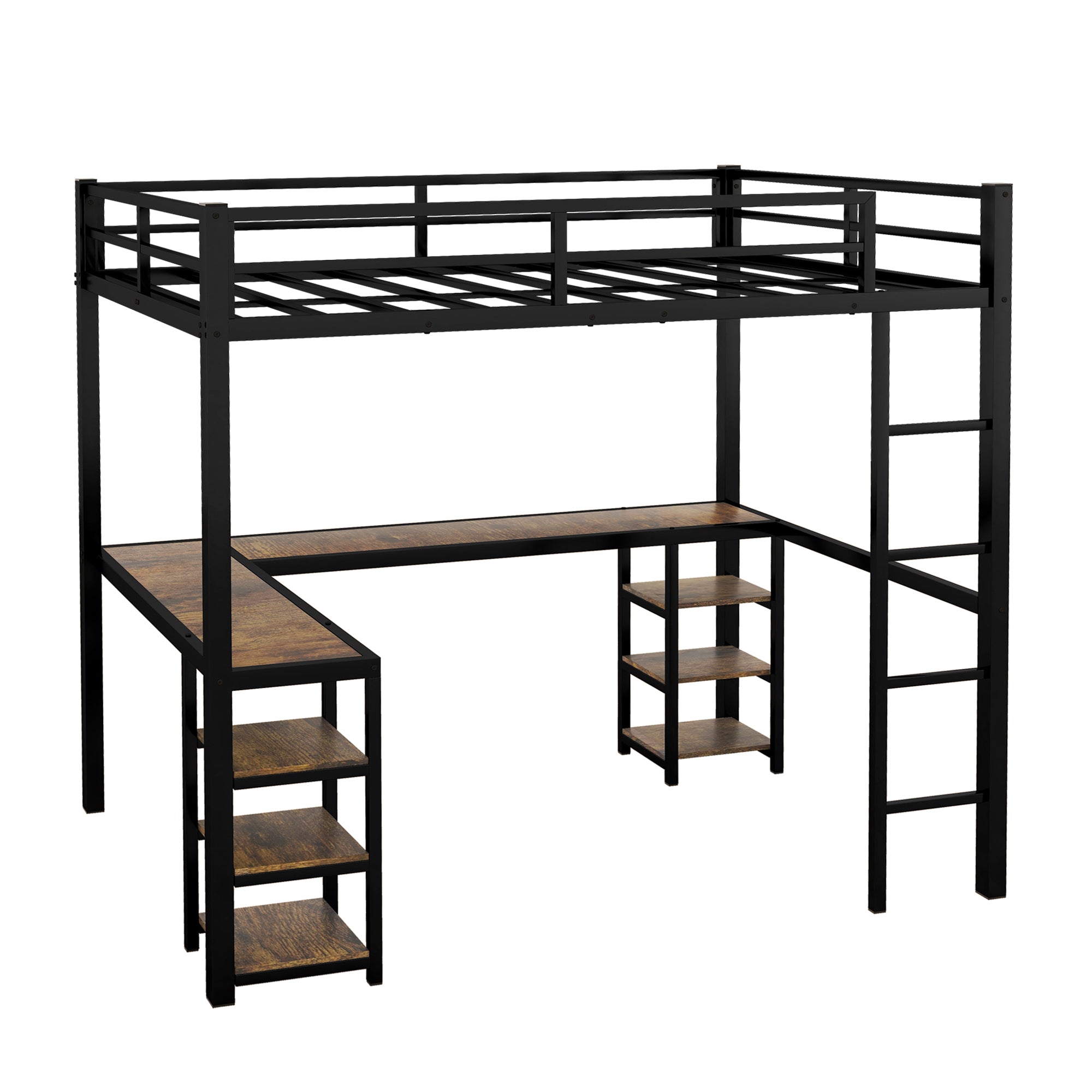 Full Metal Loft Bed with Desk and Shelves, Loft Bed with Ladder and Guardrails, Loft Bed Frame for Bedroom, Black (Old SKU: W1307S00018)