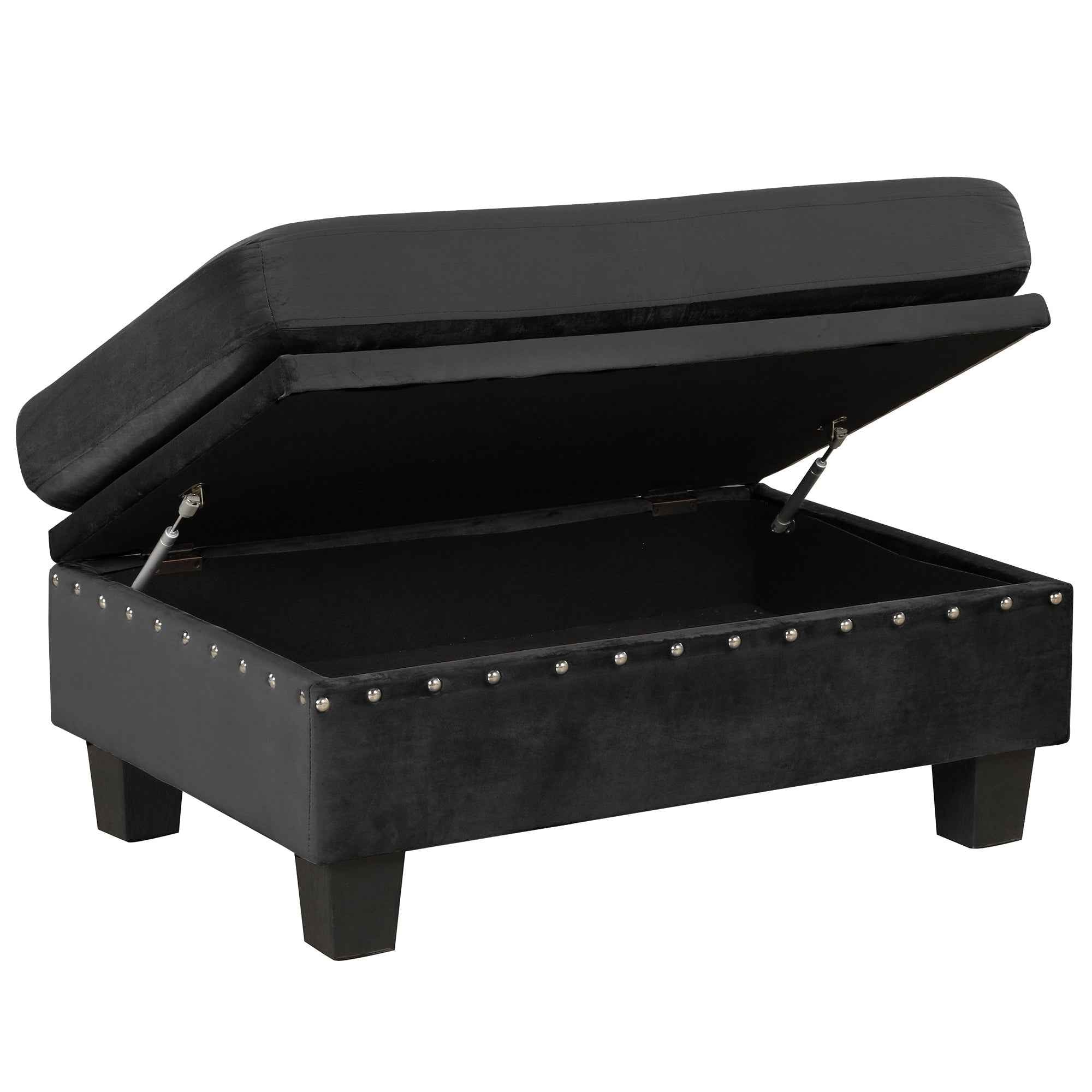 Modern Sectional Sofa with Storage Ottoman, L-Shape Couch with 2 Pillows and Cup Holders, Black Velvet, 105'