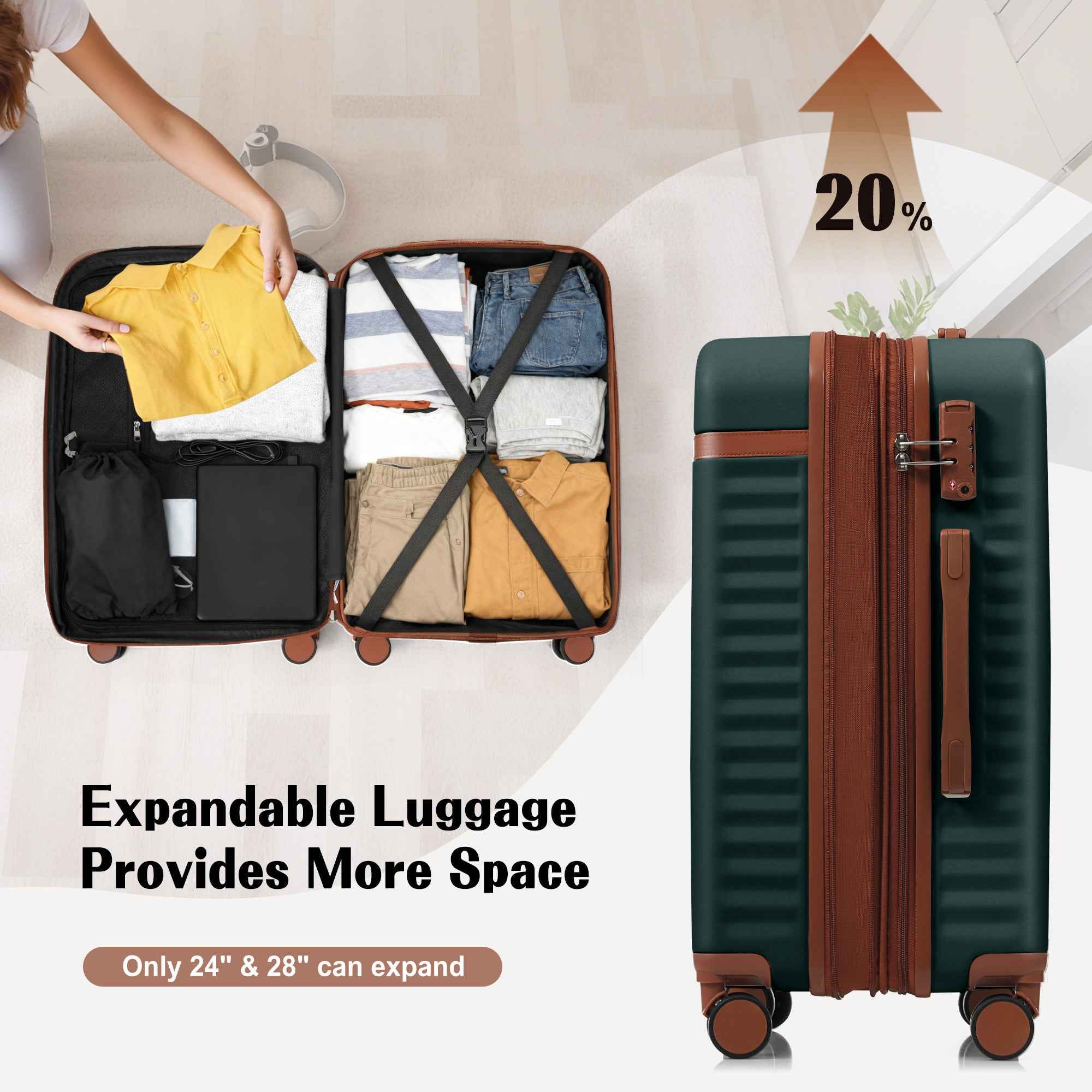 Luggage Set of 3, 20inch with USB Port, front opening design Airline Certified Carry on Luggage, ABS Hard Shell Luggage with Spinner Wheels,Dark Green