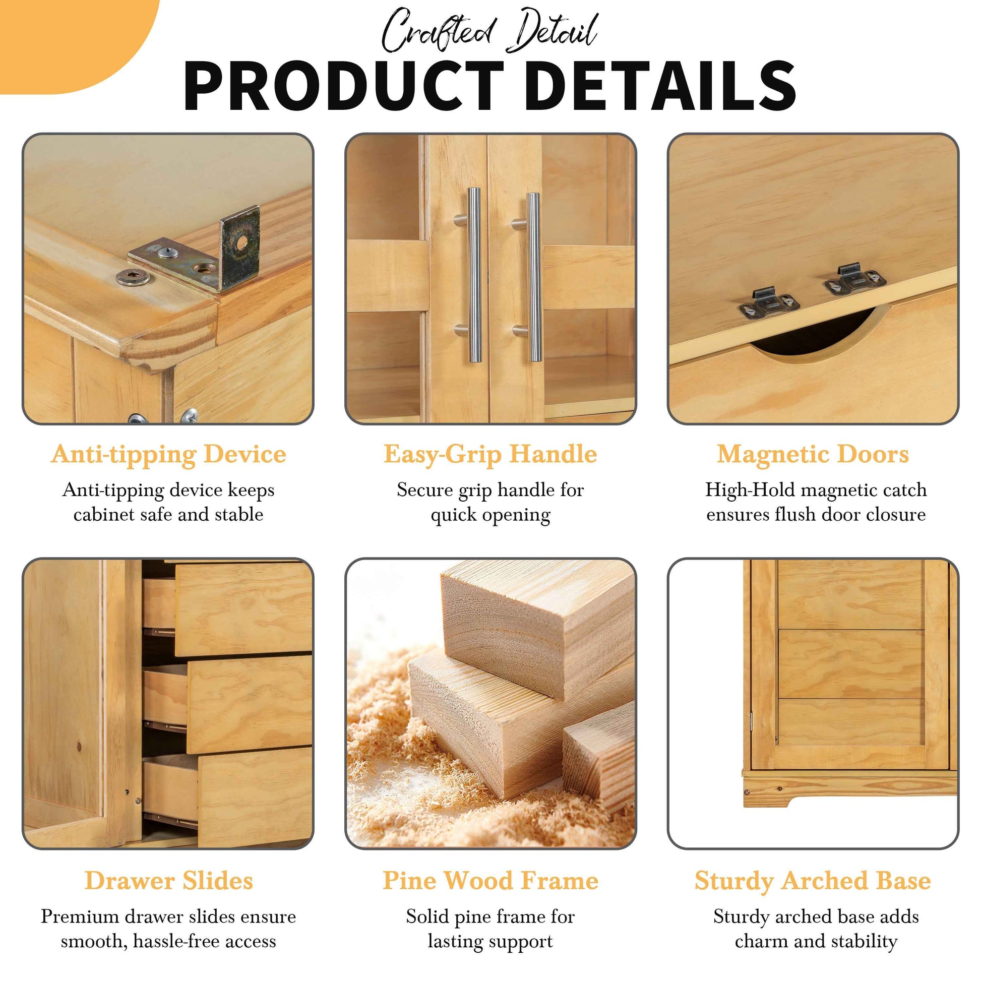 TOPMAX 44.7x20x75inch Kitchen Pantry, Freestanding Kitchen Storage Cabinet Display Cabinet with Glass Doors and 4 Built-in Drawers for Living Room, Home Office, Natural