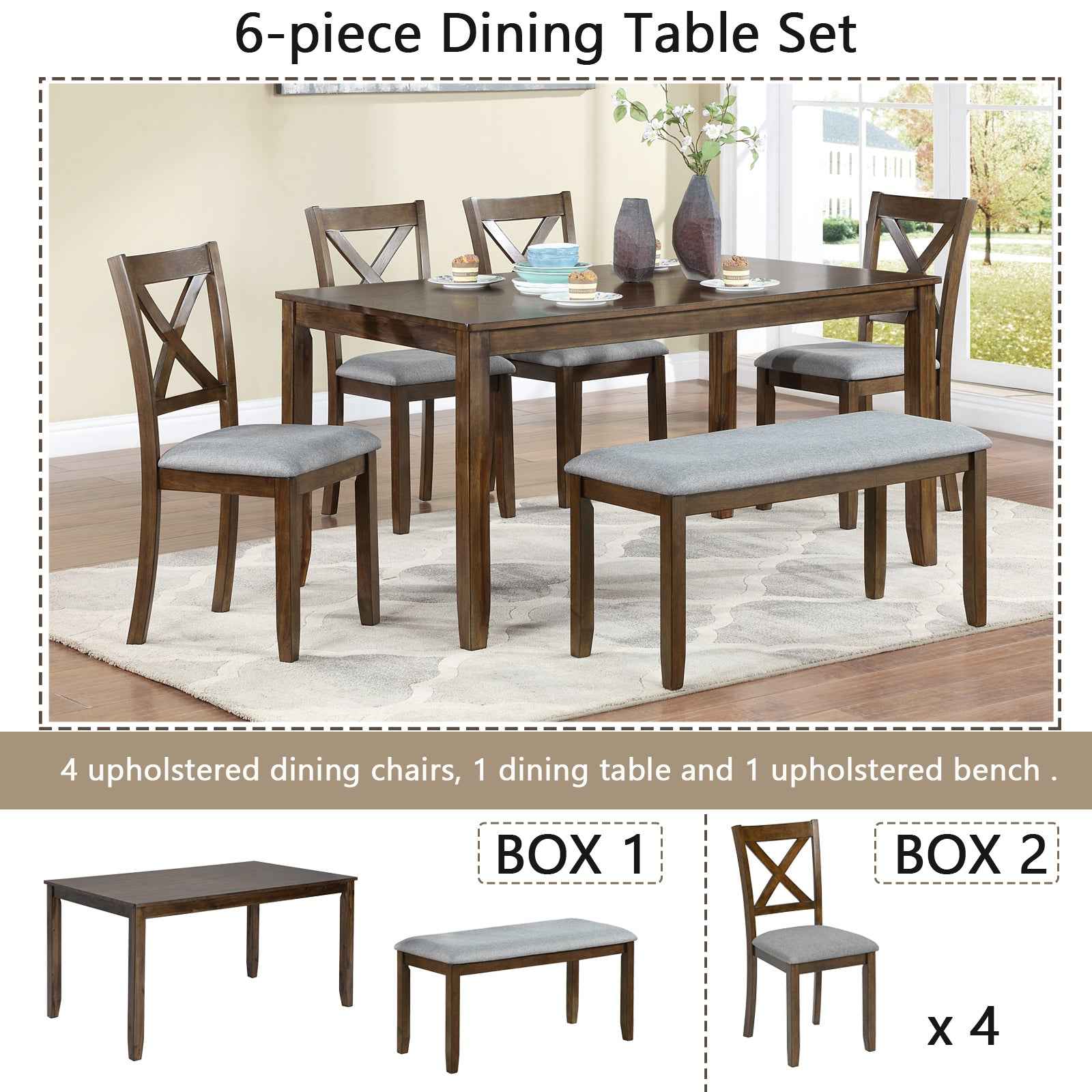 6PCs Kitchen Dining Set, Rectangular Wooden Dining Table with 4 Upholstered Chairs and a Bench, Dining Table Set for 6 People, Living Room, Home Bar and Kitchen, Walnut