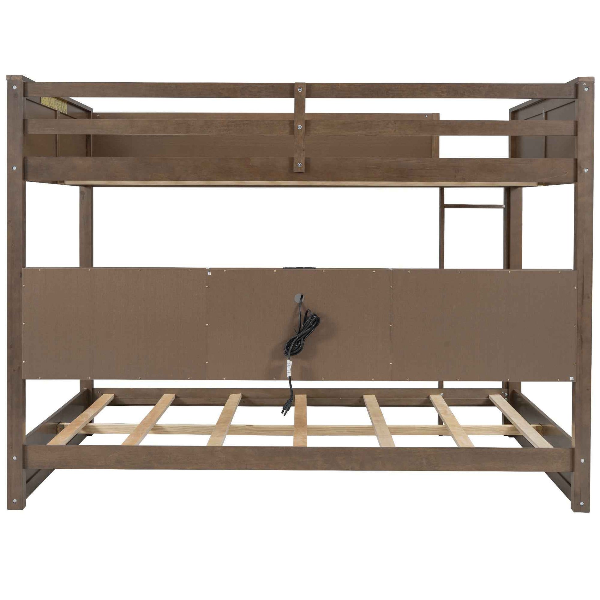 Queen over Queen Bunk Bed with Storage Cabinets and USB Ports in Antique Wood Color, Solid Pine Wood+MDF